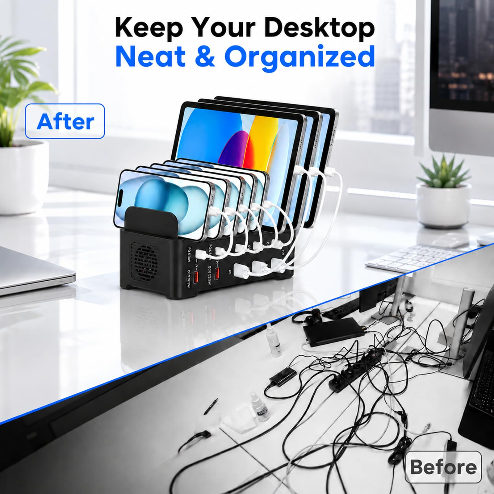 Stazione di Carica USB C, Stazione di Ricarica Rapida a 10 Porte 120W con 5 USB C e 5 USB A, Caricatore Multiplo Smartphone con Ventola di Raffreddamento, Caricabatteria per Telefoni, Tablet e Altri