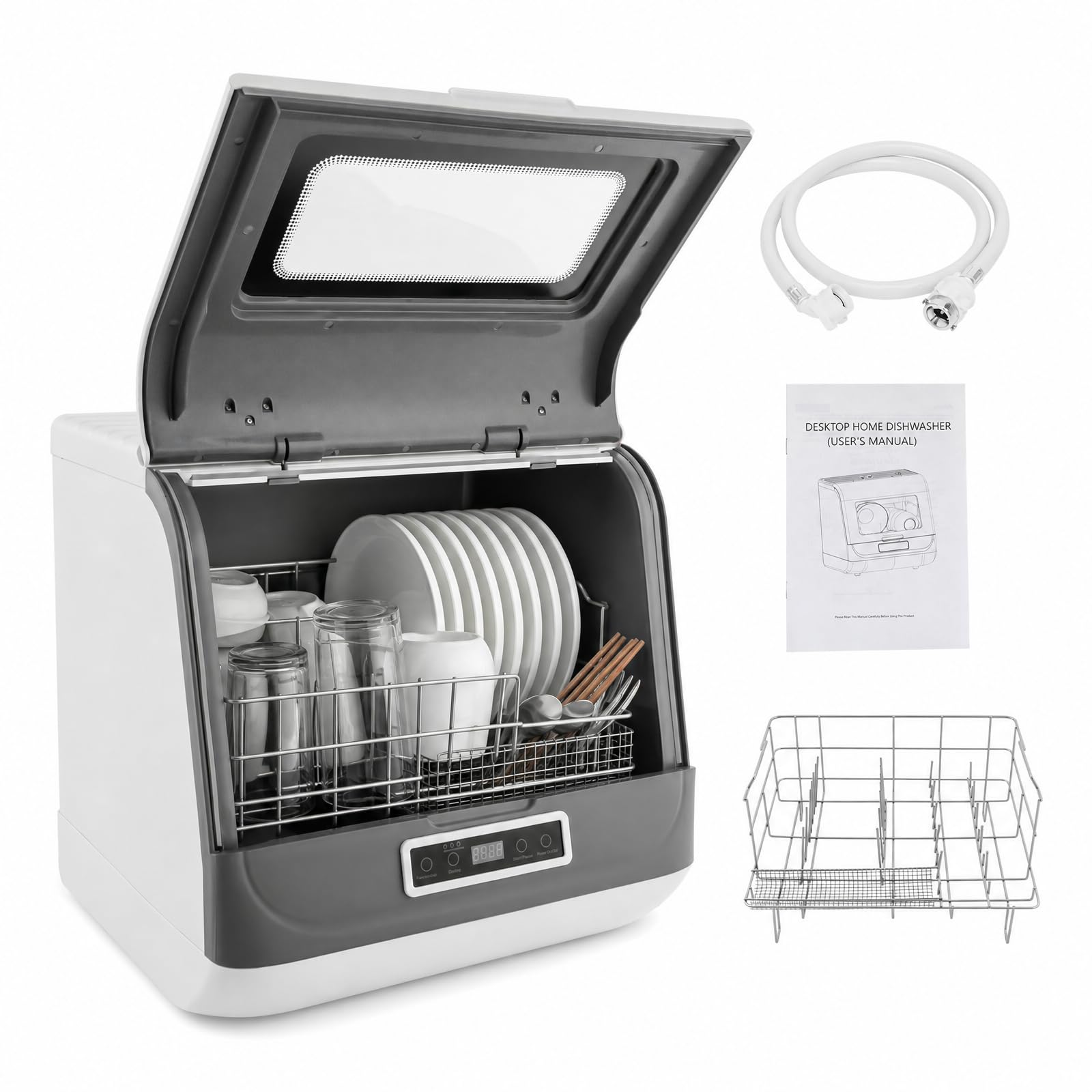 Mini lave-vaisselle, séchage à haute température, portable, intelligent, pas d'installation nécessaire, 5 l, équipé de tuyaux d'alimentation et d'évacuation, pour un usage domestique
