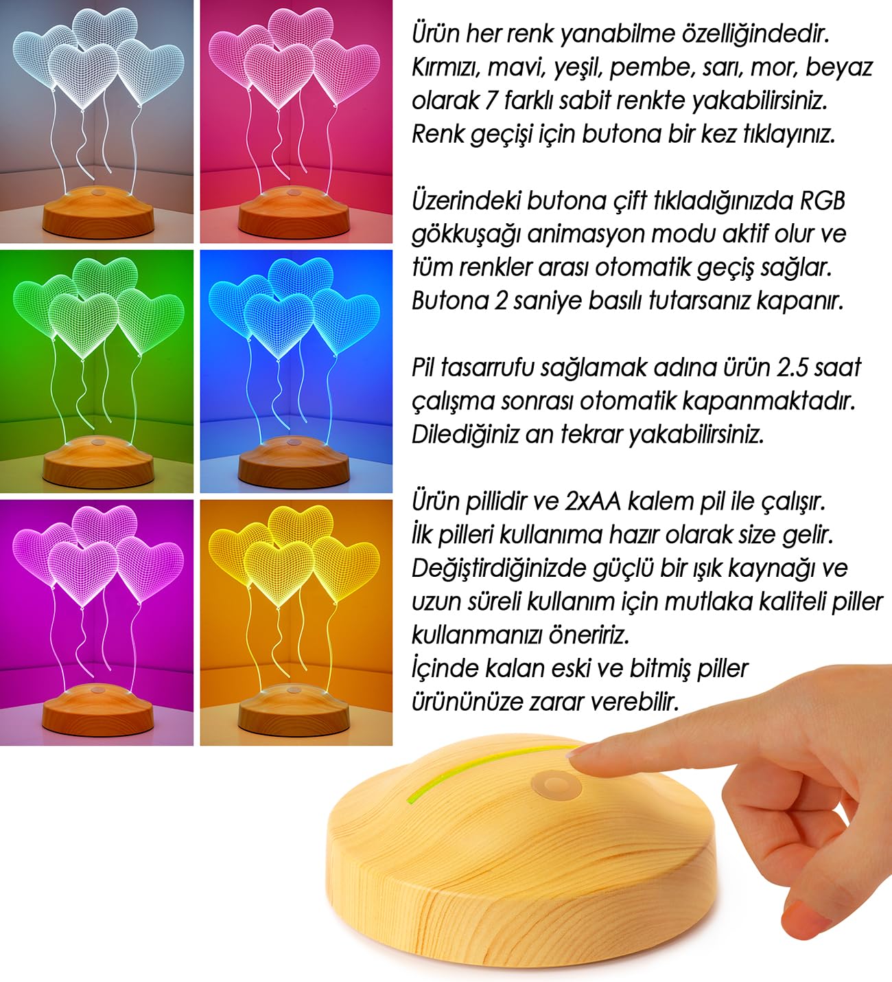 Doğum Günü Hediyesi Kalpli, İyi ki Doğdun Yazılı Uçan Kalpler Kişiye Özel 3D Led Lamba