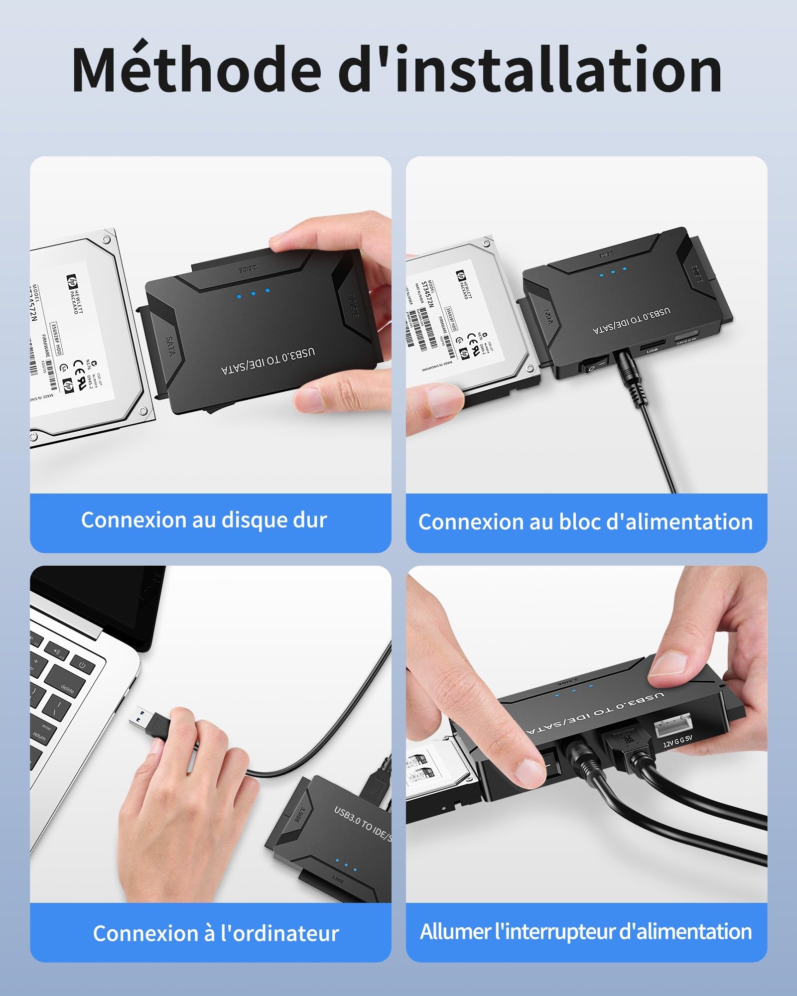 Posugear Adaptateur USB 3.0 vers IDE et SATA pour disques durs 2.5 et 3.5, convertisseur SATA IDE pour Windows XP, Vista 7 et 8