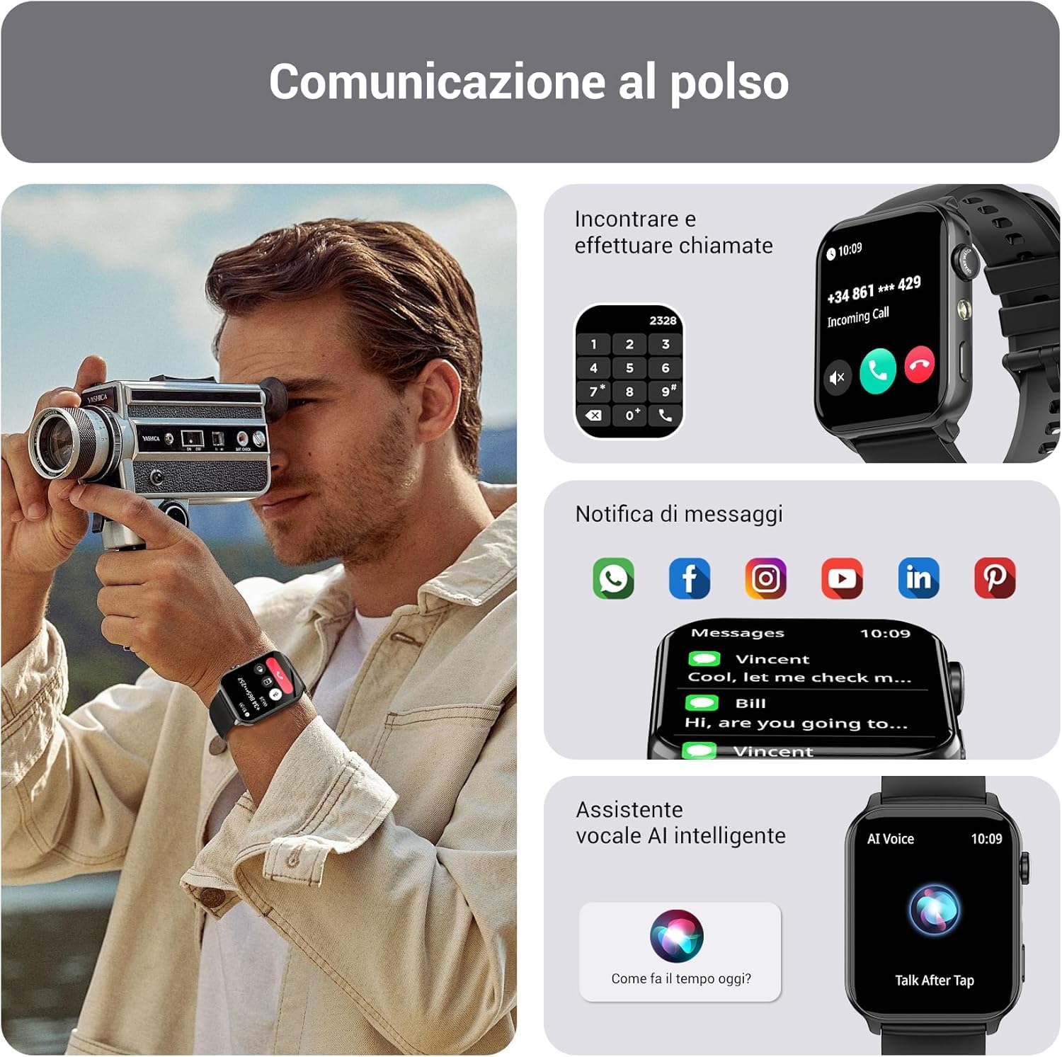IOWODO Smartwatch Uomo Donna,Orologio Fitness con Chiamate,1.91" Smart Watch Monitor del SpO2/ Sonno,24H Cardiofrequenzimetro,100 modalità Sportive,Fitness Tracker per Android iOS