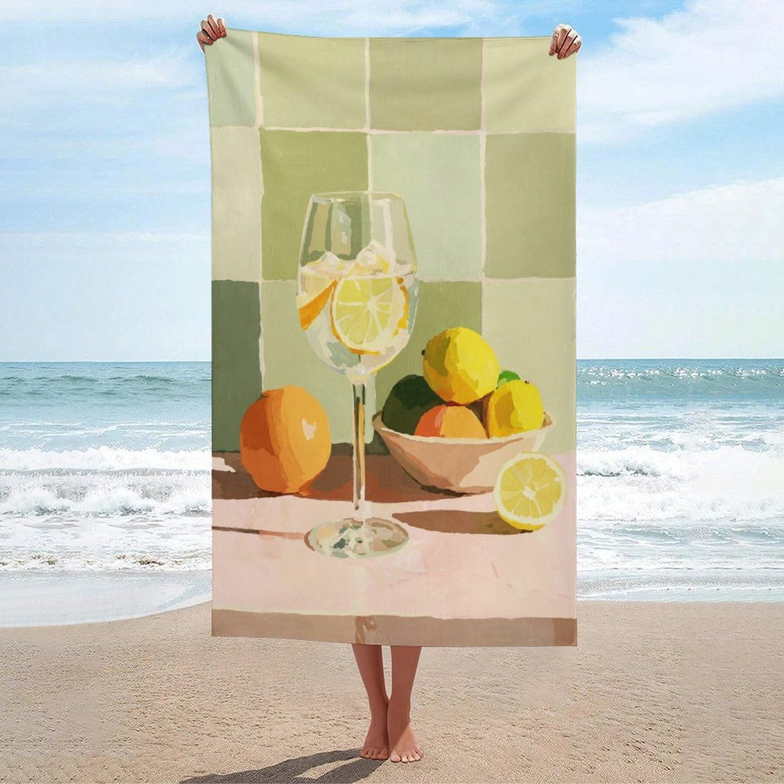LSRCPD White Wine Glass with Ice Citrus Slices Beach Towel Sand Free Microfiber Large Shower Towels Multipurpose Absorbent for Bathroom Pool 130x80 CM
