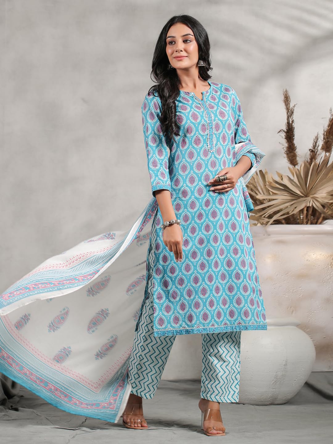 Anubhutee Women's Pure Cotton Ethnic Motifs Printed Turquoise Blue Kurta Suit Set With Trousers & Dupatta