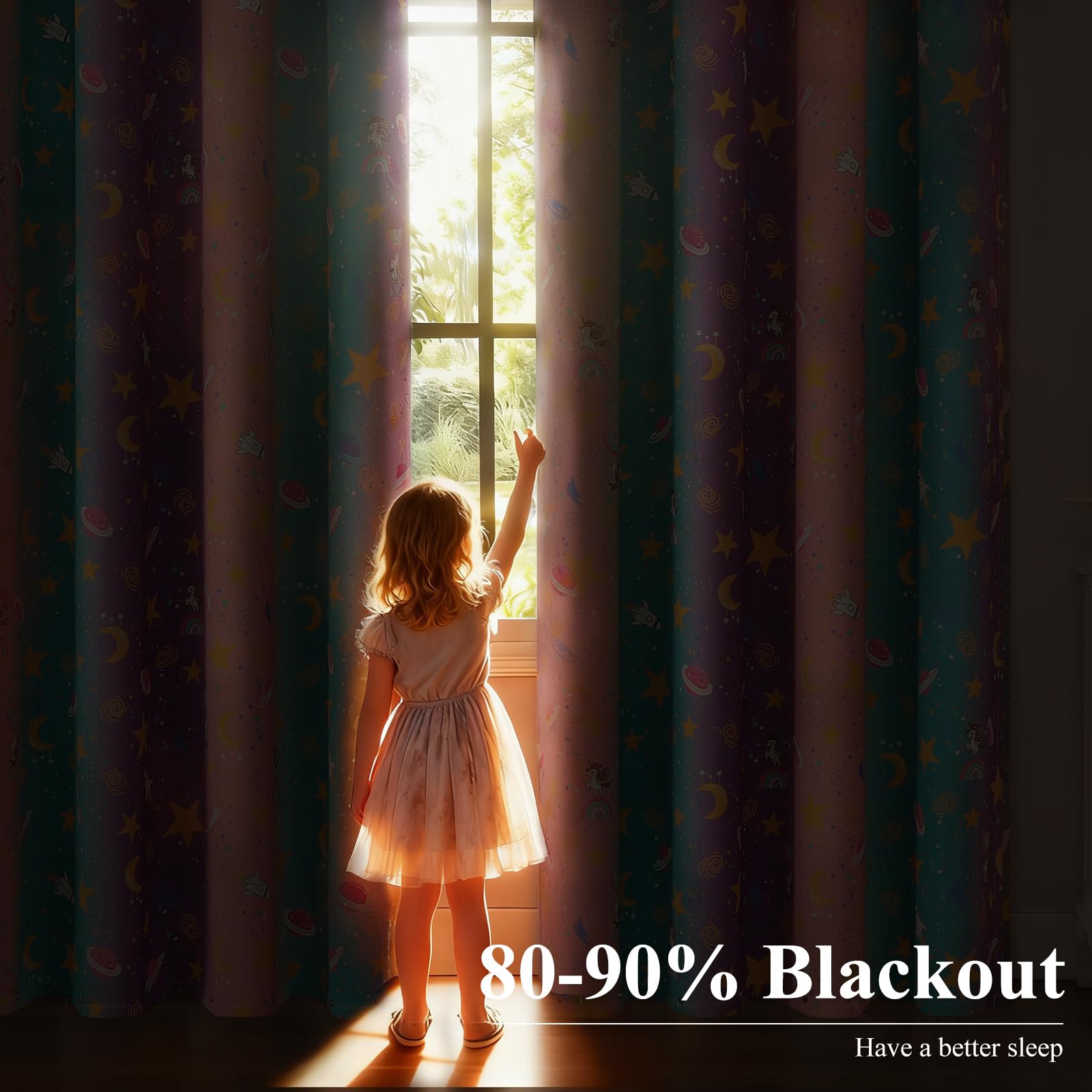 VEHEDE Kids Star Moon Prints Blackout Curtains for Girls Bedroom Rainbow Magical Unicorn Thermal Insulated Eyelet Curtain Window Drapes for Nursery 52 x L90 Inch - Image 3