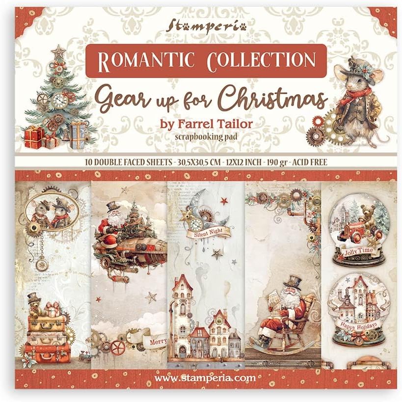 Stamperia - Scrapbook Paper Pad for Scrapbooks, Albums, Card Making, Bullet Journals, and More, Acid Free, Double-Sided, Perfect for Hobbies, Crafts and Gifting (Gear up for Christmas) (30.5 x 30.5