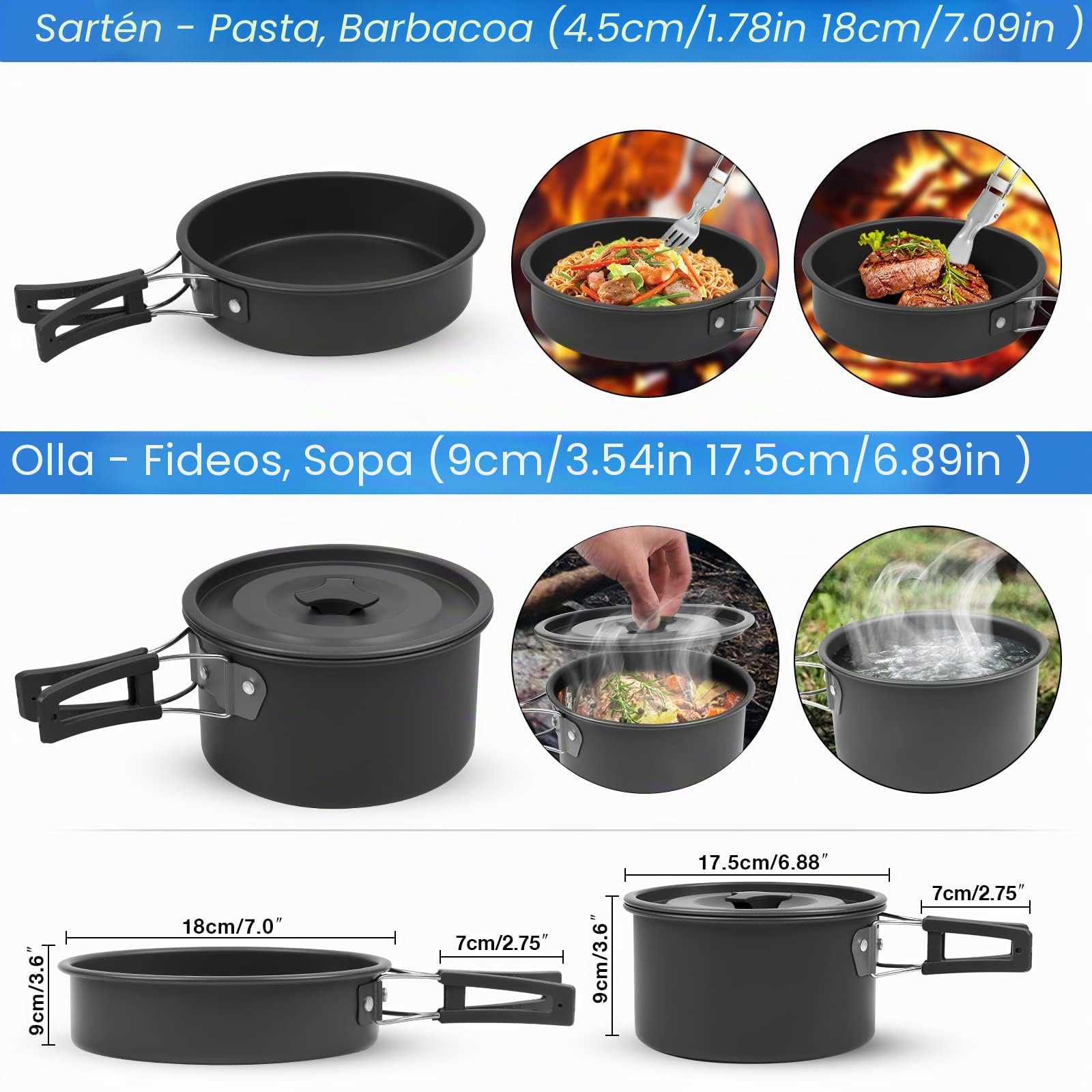 Juego de Ollas de Camping de 14 Piezas, Kit de Utensilios de Cocina para Acampar, Juego de Cocina para Acampar, Vajilla para Cocinar al Aire Libre, para Cocina al Aire Libre, Senderismo, Camping