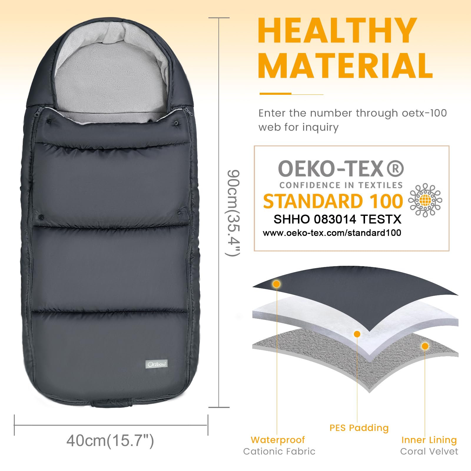 Orzbow Hiver Chanceliere Bebe Poussette, Imperméable Chanceliere Universelle pour Poussette avec Sac de Rangement, Amovible Chancelière Poussette avec Zip Ajustable, Accès Facile, Chaleur, Noir