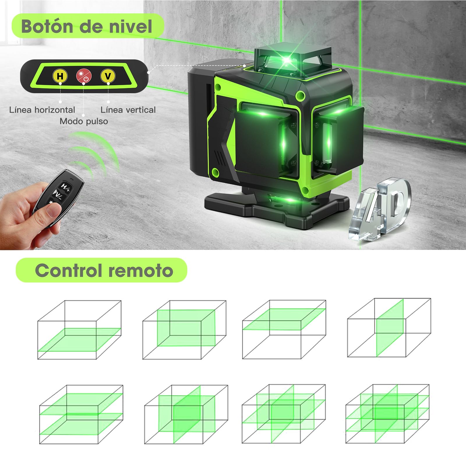 Nivel Laser Autonivelante 360 Grados con Trípode, Nivel Láser Verde 16 Líneas, 2 x 360 Horizontal y 2 x 360 Verticales, 2 x Batería, Montaje en Pared, Control Remoto, Base Magnética, Soporte Giratorio