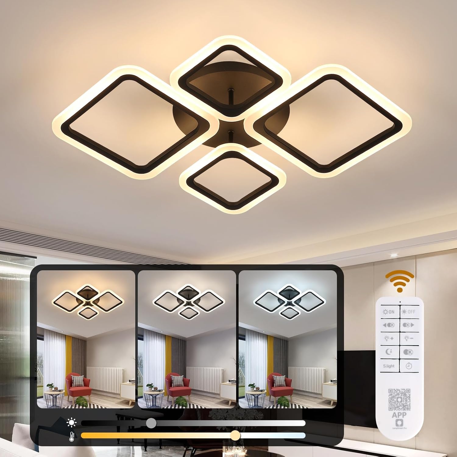 DELIPOP Lampara Techo Salon LED con Mando a Distáncia, 42W 4800LM Plafon Led Techo Regulable Blanco Cálido a Frío 3000K-6500K, Geométrico Luz de Techo Moderna para Salón, Dormitorio, Comedor, Cocina