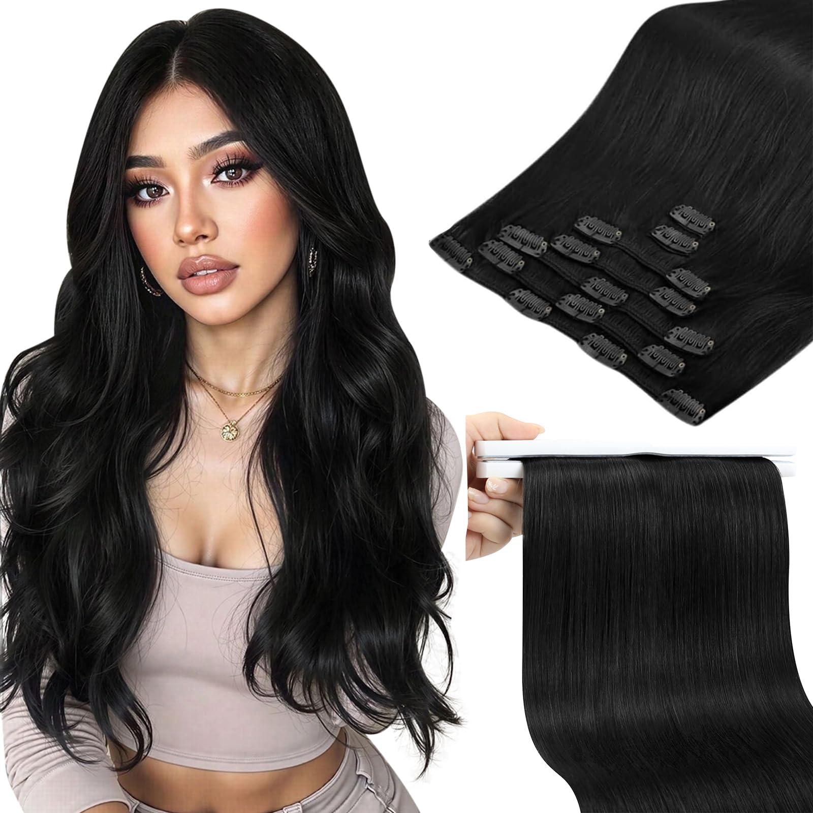 Sunny Hair Clip in Hair Extensions Real Human Hair 22 Inch 150g Thick Remy Hair Clip in Extensions for Women Natural Black Human Hair Extensions Full