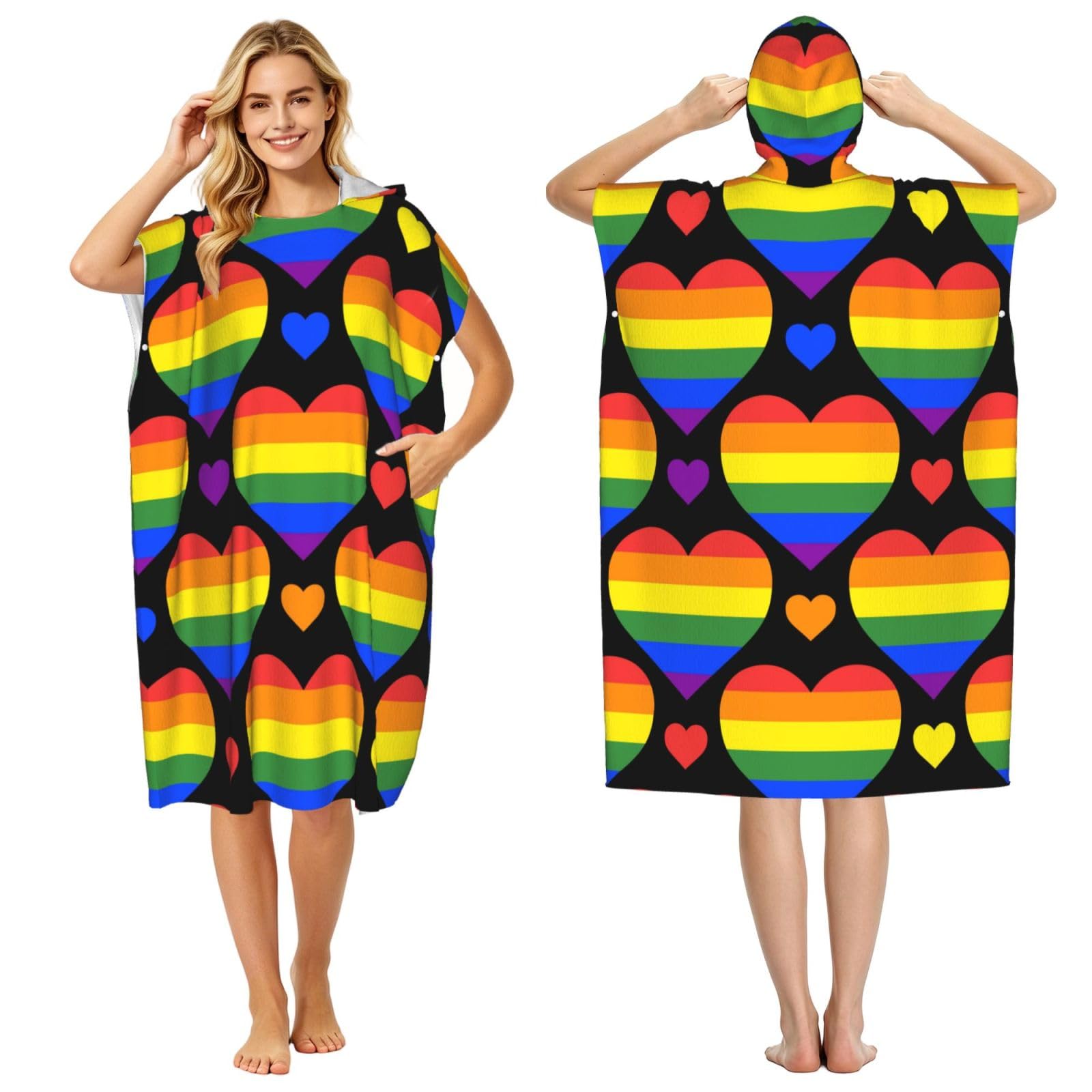 Poadnly Rainbow Hearts Gay Pride Flag, Adult Hooded Beach Towel 90 x 110 cm,Changing Bath Robe, Surf Poncho Towel For Women Men