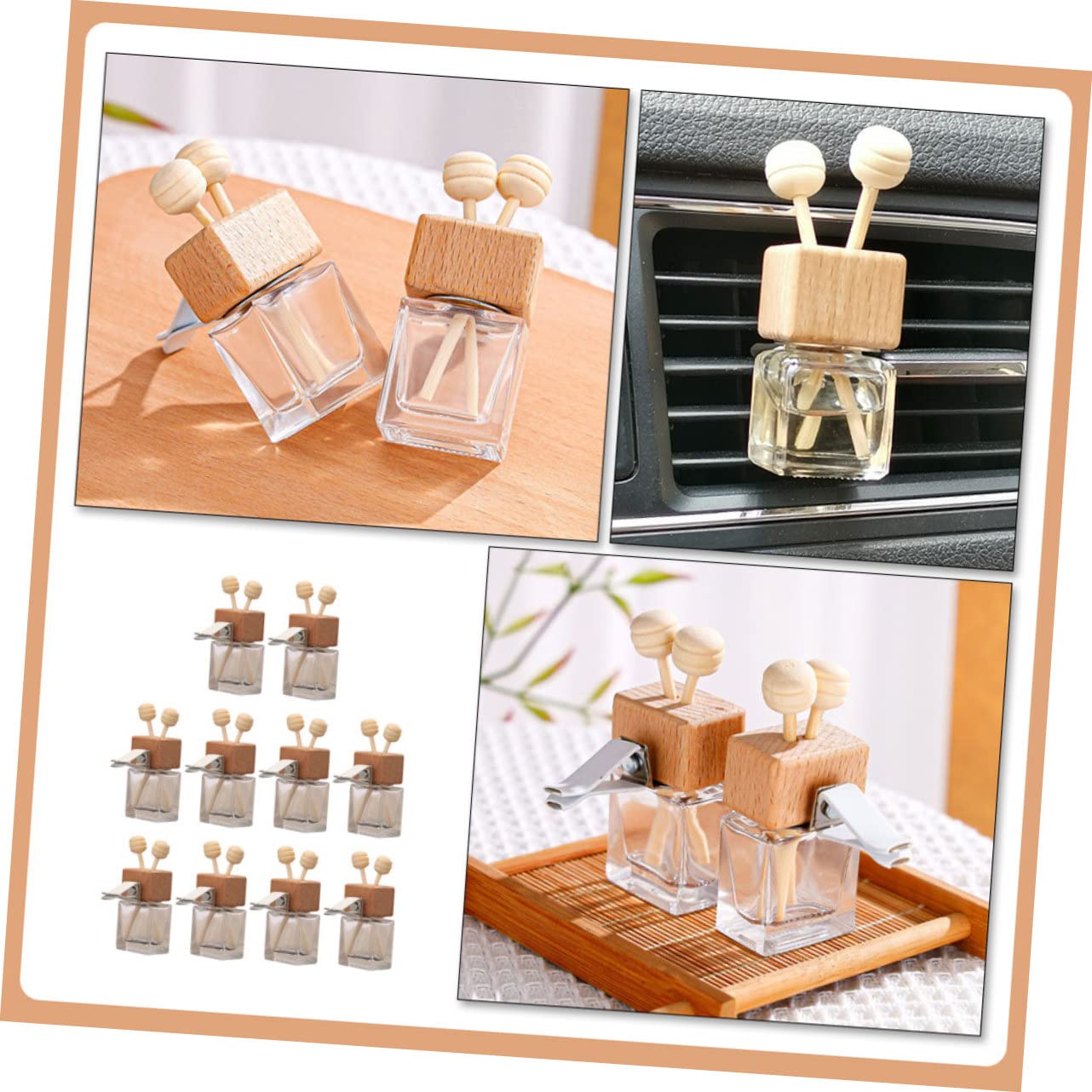 10 pezzi Bottiglie Diffusori Profumo Auto in Vetro con Tappo in Legno e Clip per Bocchette d Aria Decorazione Elegante per Aromaterapia e Oli Essenziali Freschezza Continuativa