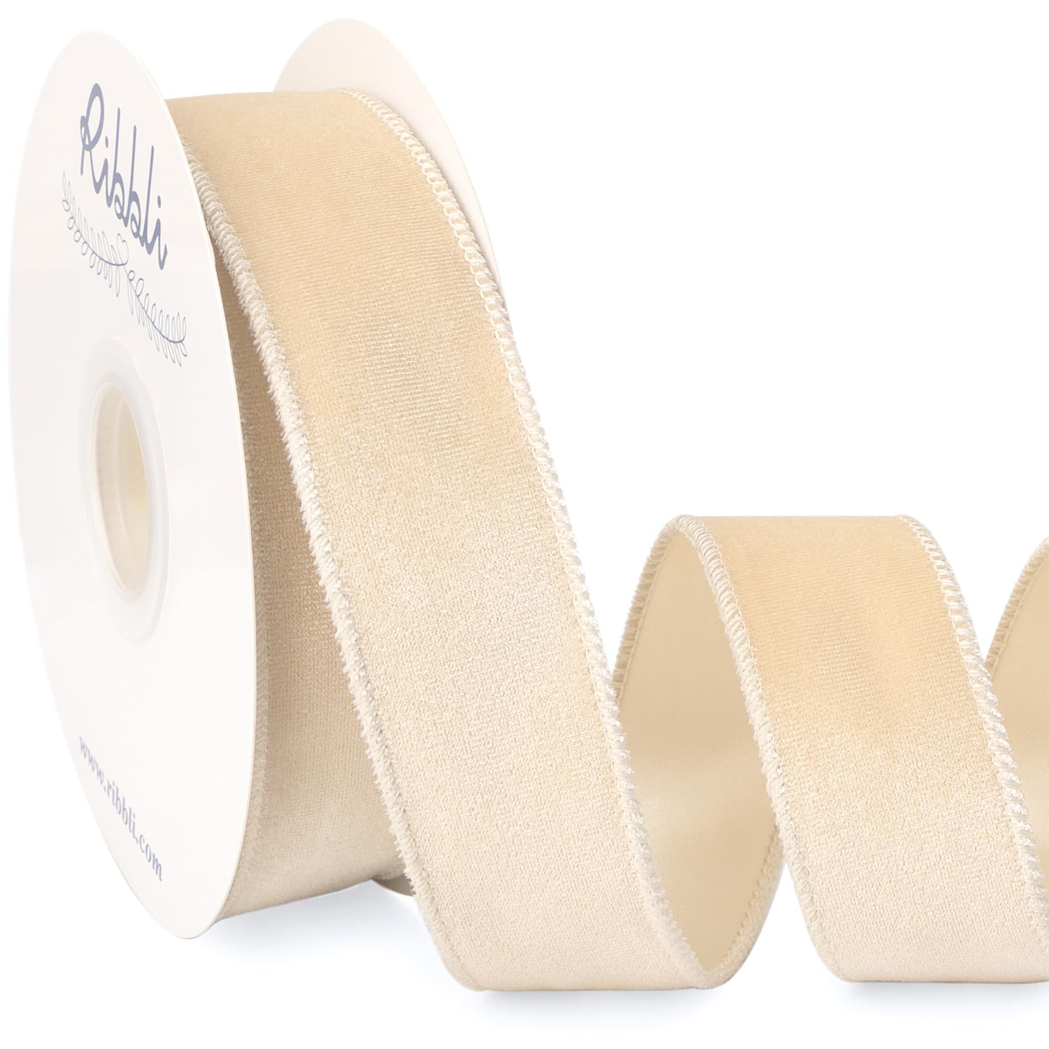 Ribbli Ivory Velvet Wired Ribbon 1.5 Inch Velvet with Satin Christmas Ribbon for Gift Wrapping Christmas Tree Decoration Crafts Wreaths