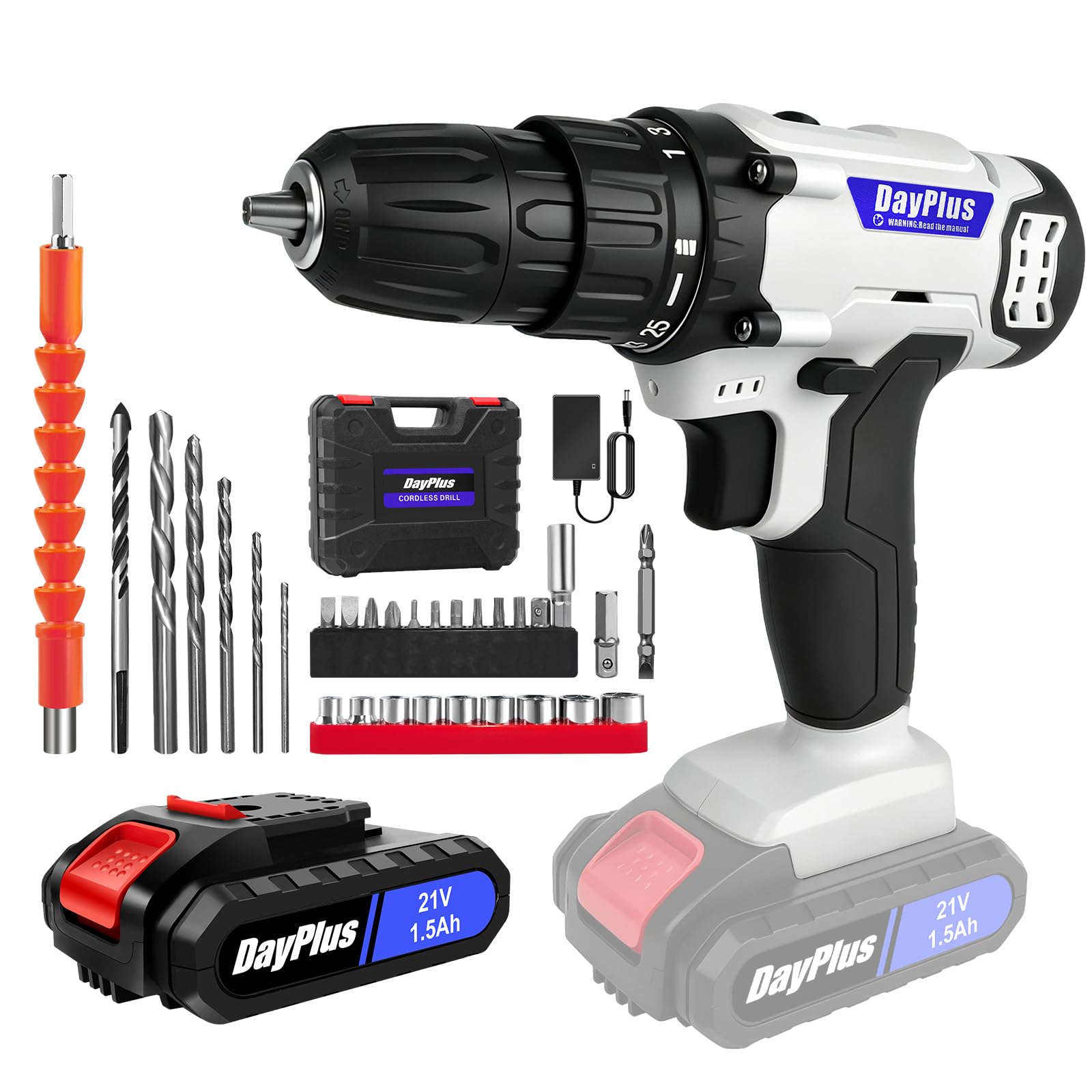 Cordless Drill, 21V Electric Screwdriver Drill 2 Variable Speed, LED Work Light,1500mAH Battery, MAX 45NM with 29PCS Drill Bits Set DIY Tool for Home Drilling Wood/Metal-White