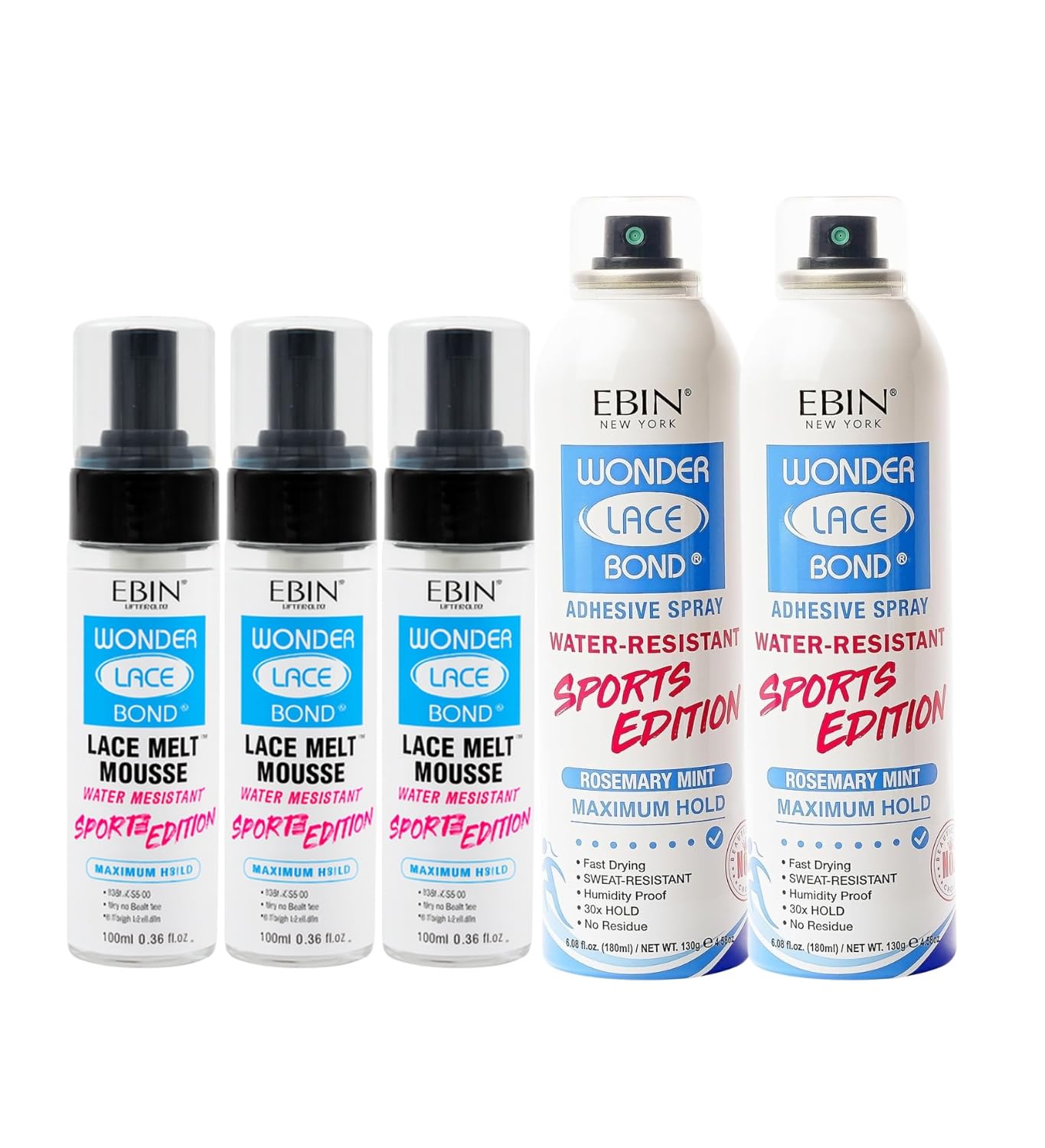 EBIN NEW YORK Ebin Lace Melting Spray – 3x Bond Melt Spray Sports Edition 100ml Bundle with 2x Adhesive 180ml Lace Melt & Wig Adhesive Gift Set (5 Items)