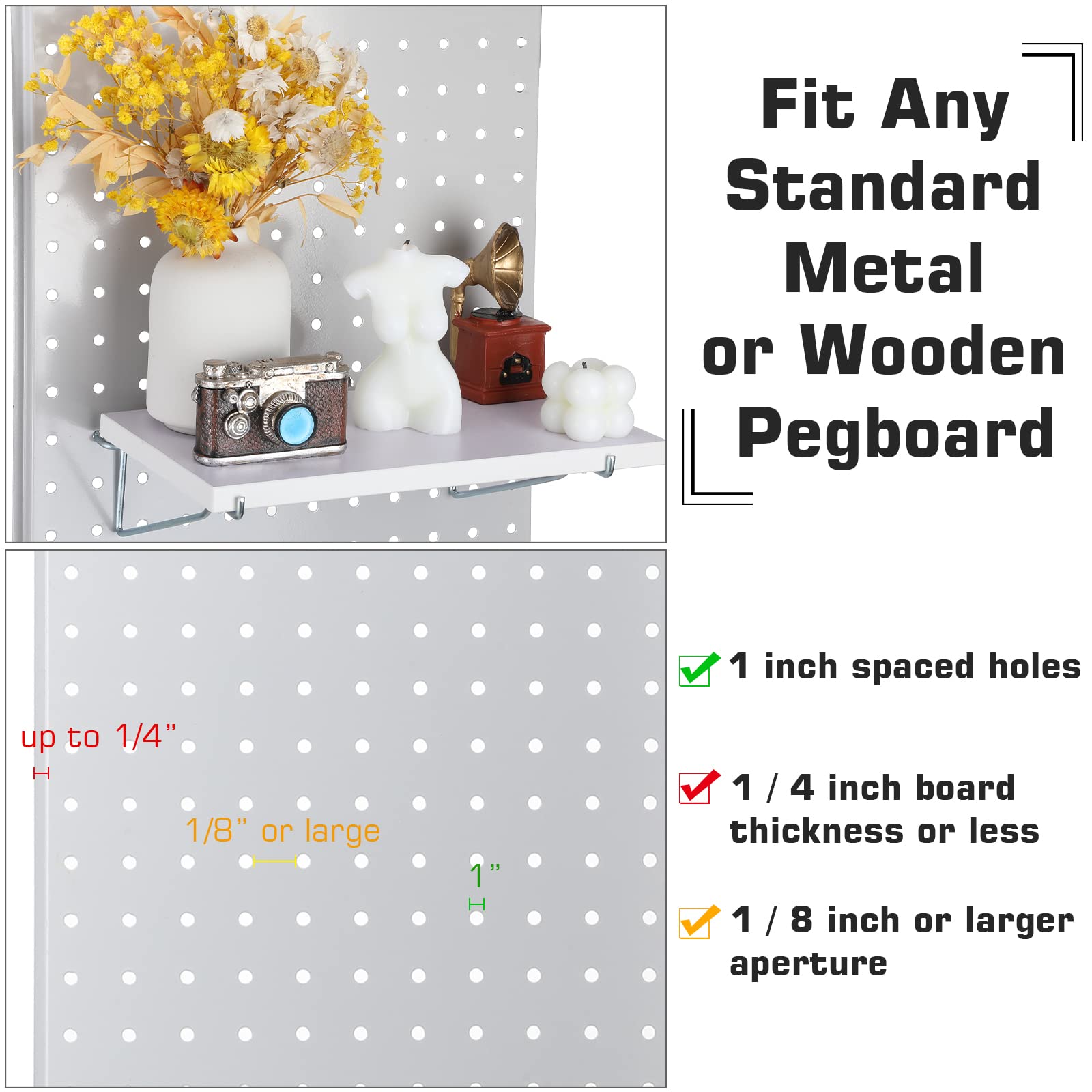 4-teiliges Set großes Stecktafel-Regal-Set, Faserplatte, Stecktafel-Regale, Aufbewahrungswandhalterungen, schmutzabweisend, Stecktafel-Zubehör für Wandaufbewahrung (weiß, 25.4x14.5 cm)