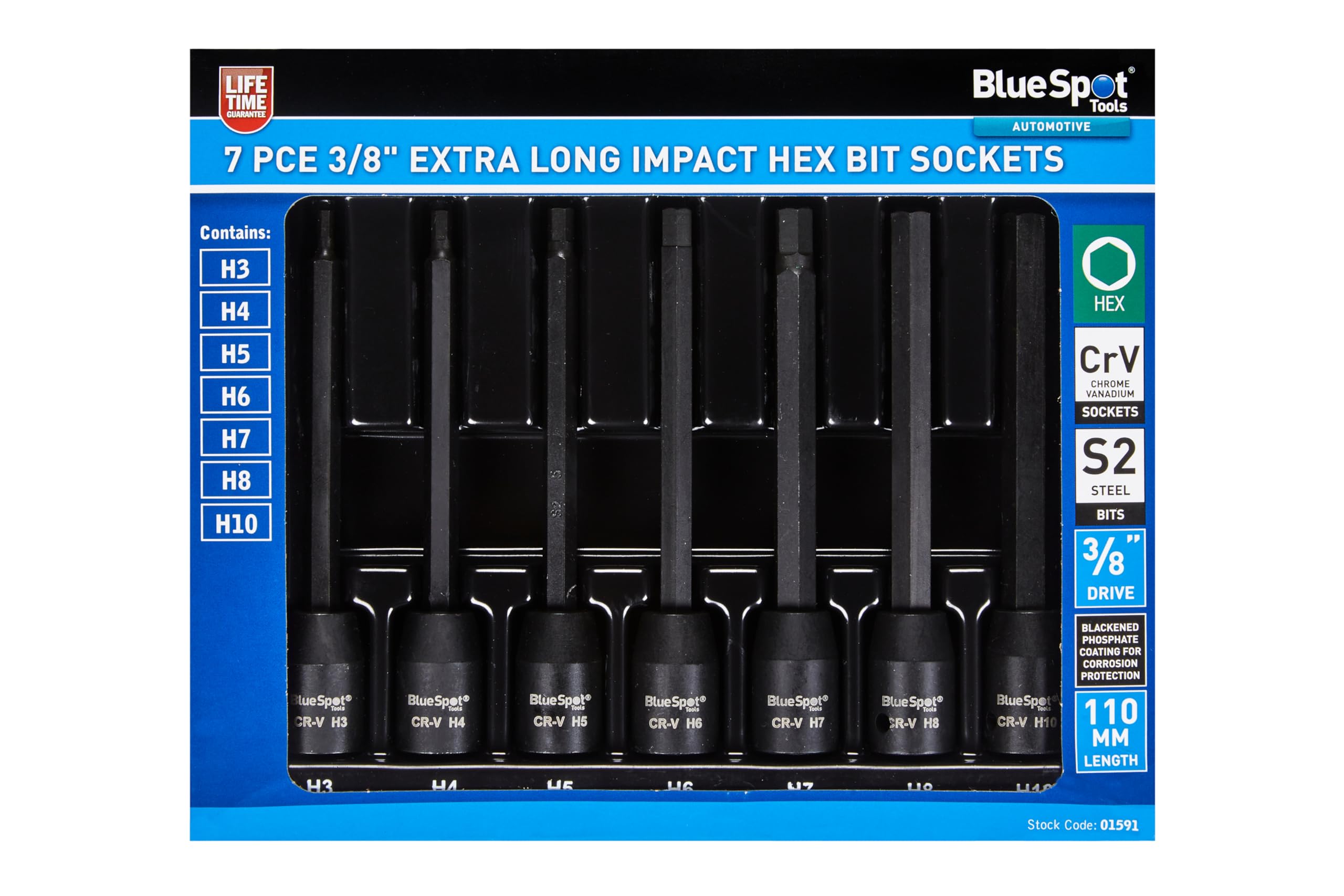 Blue Spot Tools 7 PCE Extra Long 3/8" Impact Hex Bit Sockets (H3-H10), Black, Variety pack
