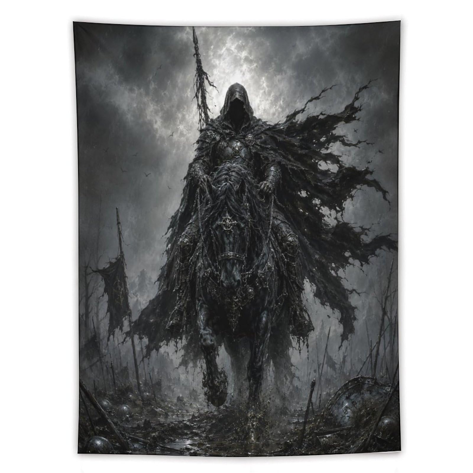 H3B8U2Y5 Black Armored Horseman Wall Tapestry, Dark Horse Rider
