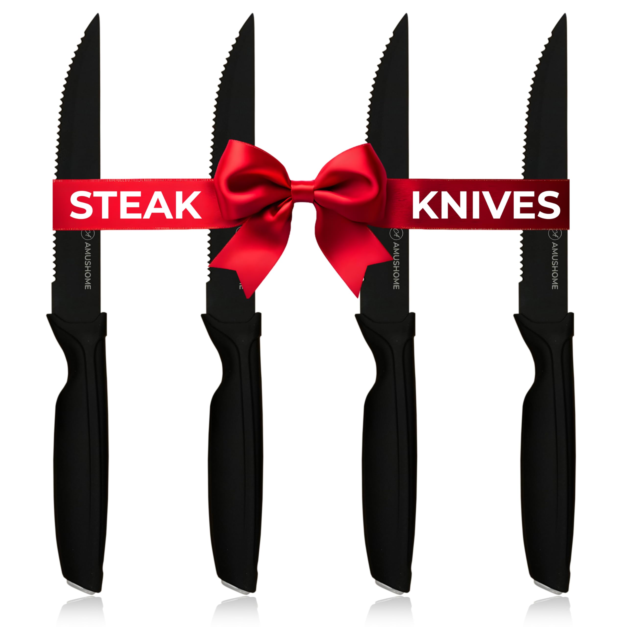 Steak Knives Set of 4 – Stainless Steel Steak Knife with Sharp Serrated Edges & Ergonomic Non-Slip Handle, Rust-Proof & Scratch Resistant (Black)