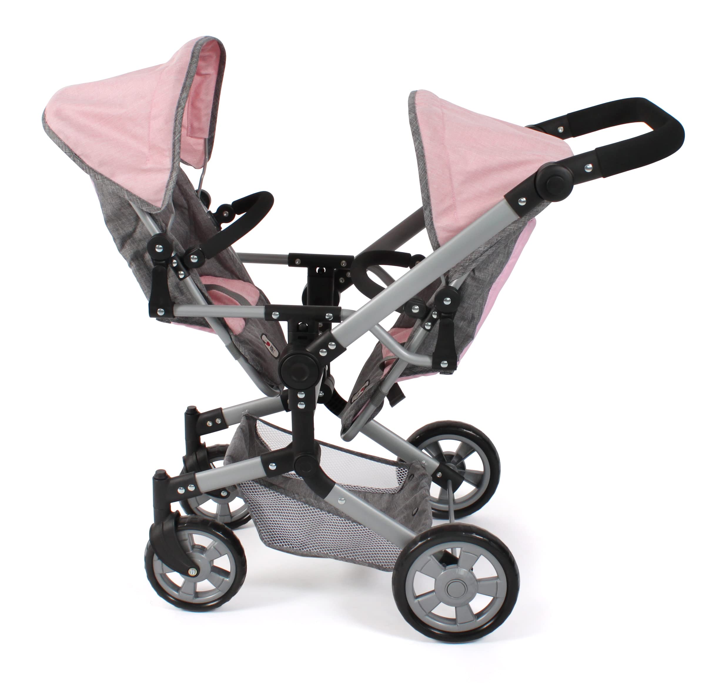 Bayer Chic 2000 - Passeggino per bambole Linus Duo, passeggino gemellare per bambini dai 4 agli 8 anni, grigio melange, rosa, 690-15