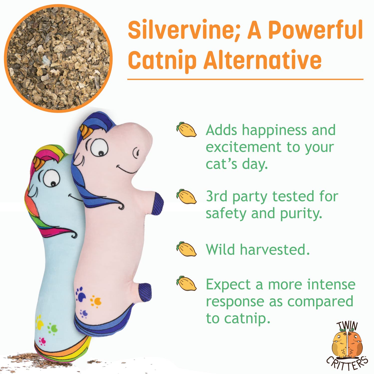 Twin Critters - Juguete de hierba de gato, diseño de unicornio rellenable (2 unidades) para gatos y gatitos, sin ingredientes artificiales