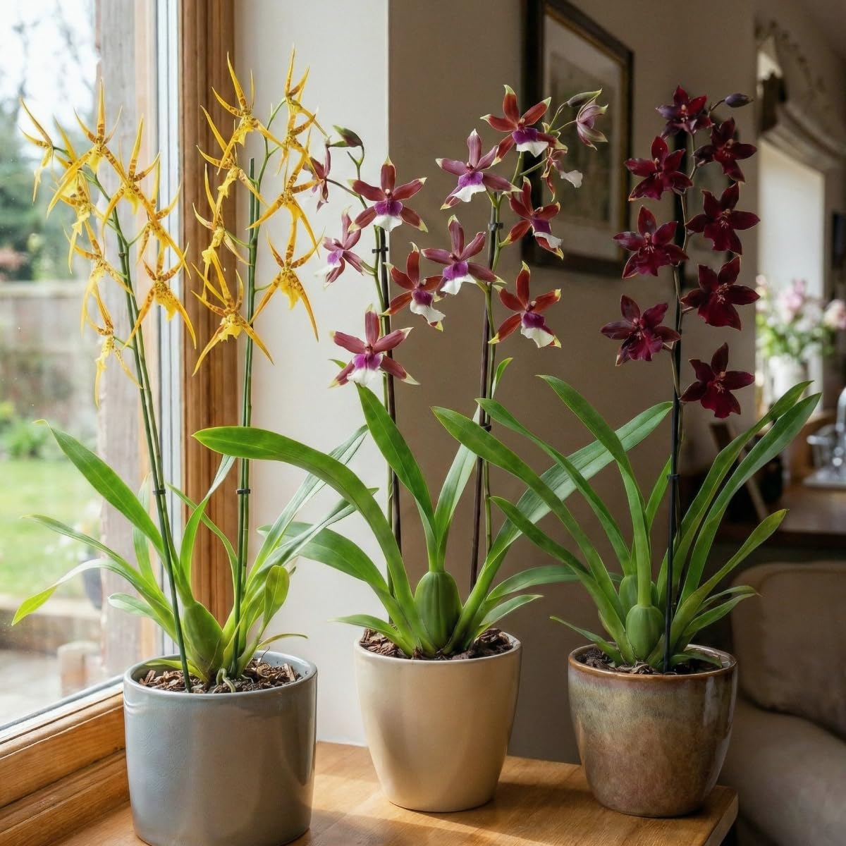 Mini Orchideen, 3 Zimmerpflanzen Mischung aus Holland. Mix von 3 Farben (Gelb, Braun und Rosa). 15-20cm hoch, mit Blüten. Cambria, Colmonara, Brassia (keine künstliche Orchidee, ohne Dünger und Topf)