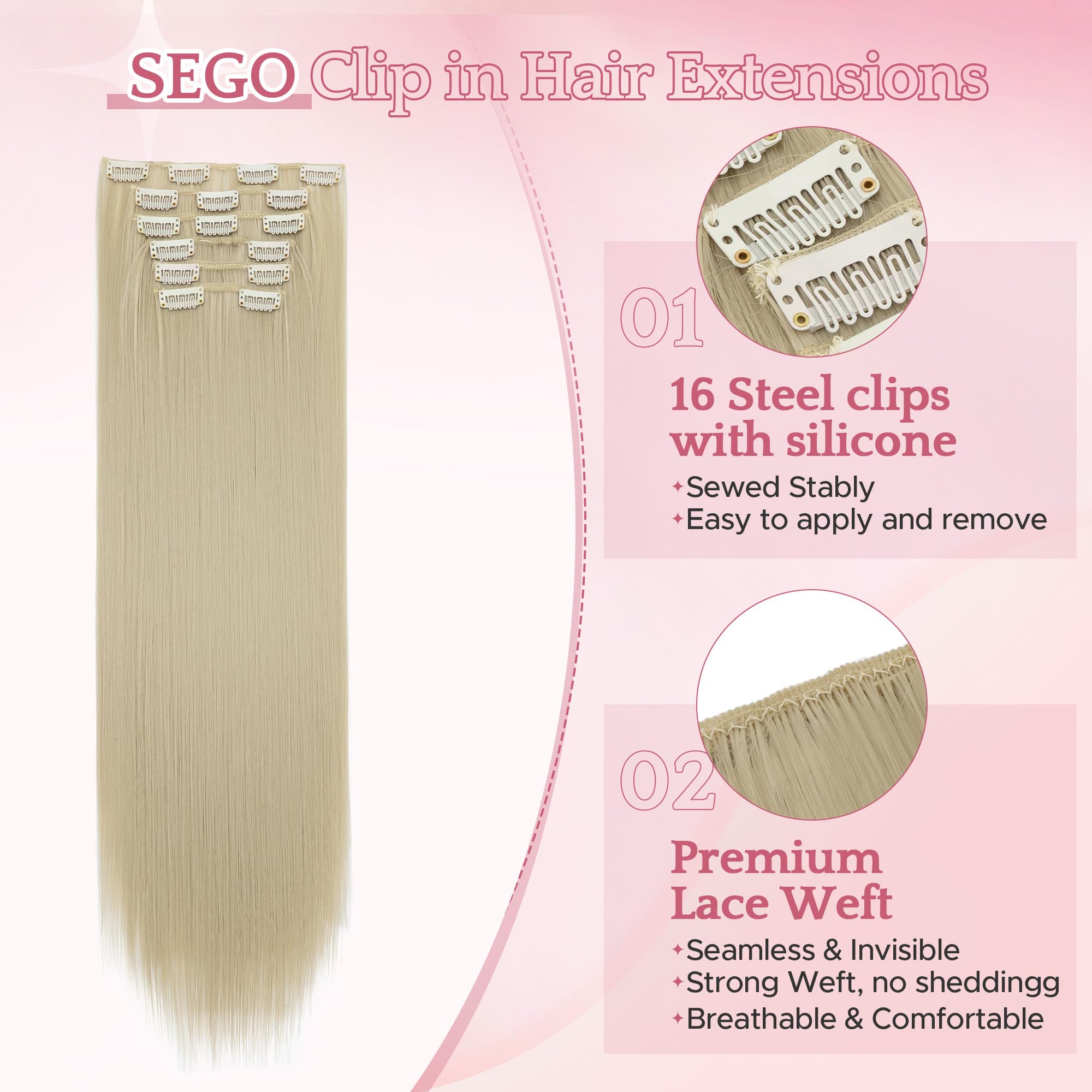 SEGO Clip In Hair Extensions 24 Inch 6PCS Thick Clip In Hair Hairpieces 150g Long Straight Hair Extension Synthetic Full Head for Women Pale Blonde - Image 2