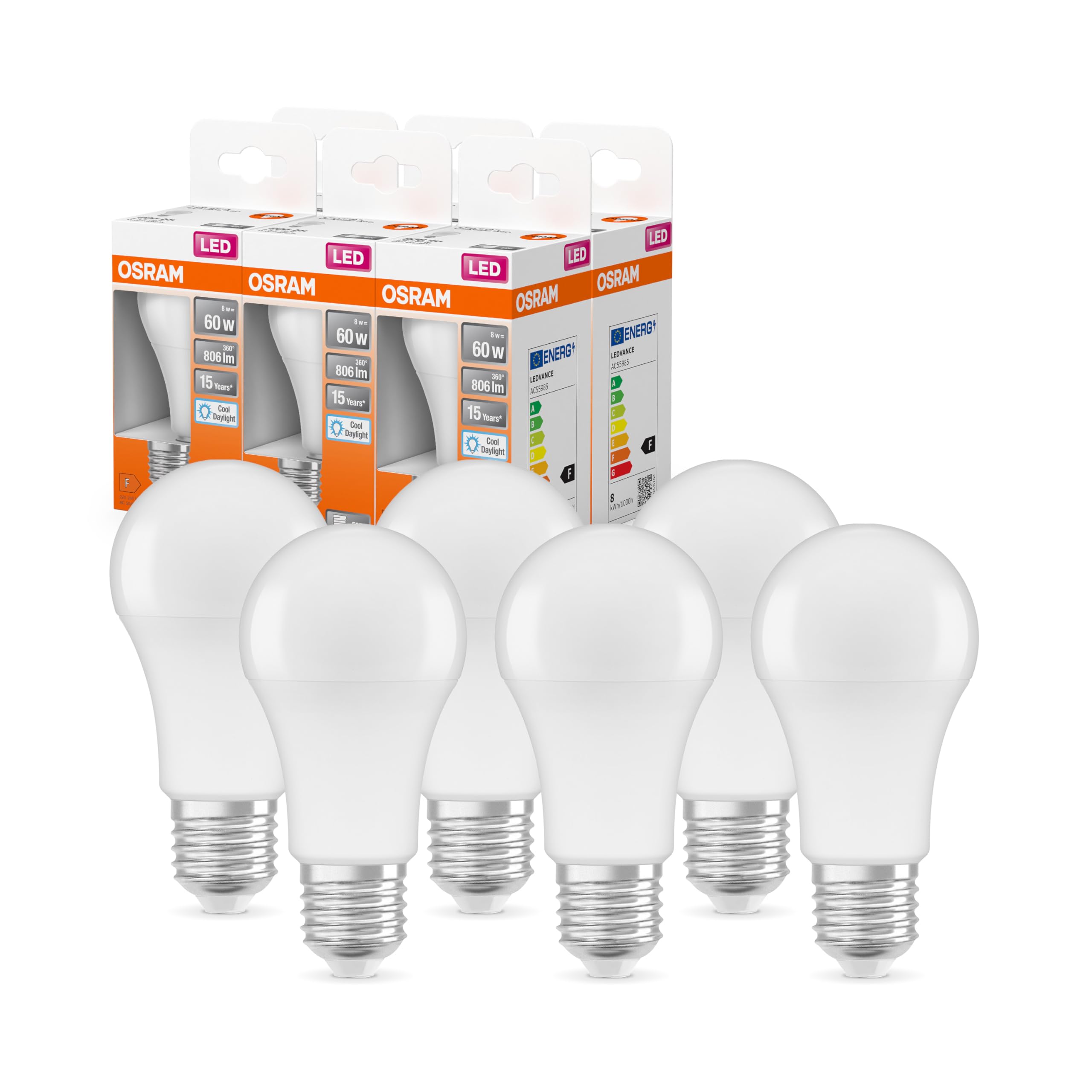 OSRAM LED Retrofit CLASSIC A, Attacco: E14, Bianca Calda, 2700 K, 6 W, Equivalenti a 60 W, LED Retrofit CLASSIC B, Opaco, Confezione da 6 Pezzi