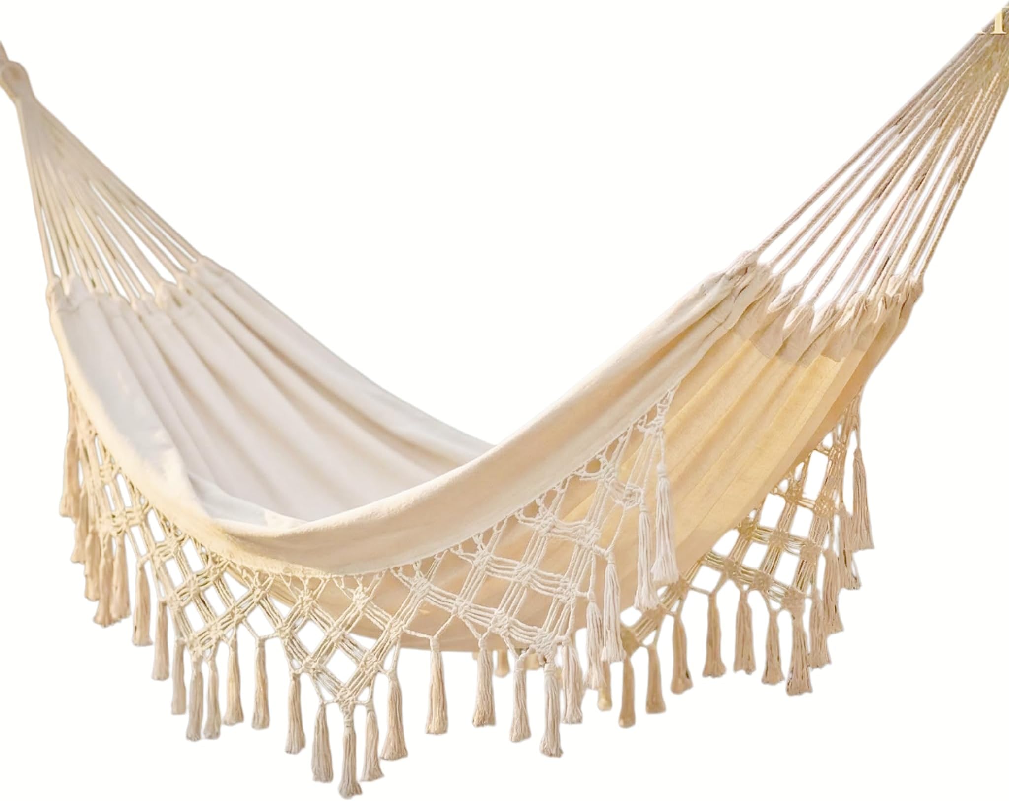 Double hammock Indoor Outdoor hammocks Portable Camping Hammock Large Cotton Soft Hammock Bed for Home two person Patio Backyard Porch Lawn and Garden (White,Load: 500lbs)
