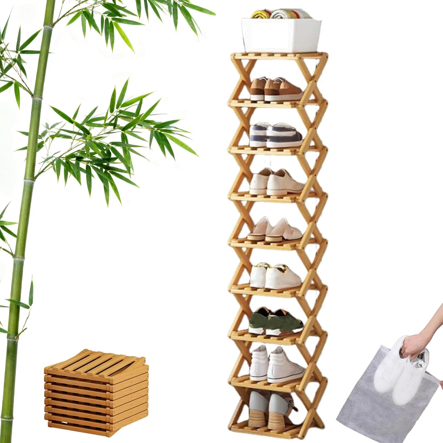 The 3/6/9 Tier Foldable Bamboo Shoe Rack, 2026 New Sturdy Foldable Shoe Organizer, No-Tool Assembly Wooden Shoe Shelf for for Hallway, Bedroom, Corner (9tire)