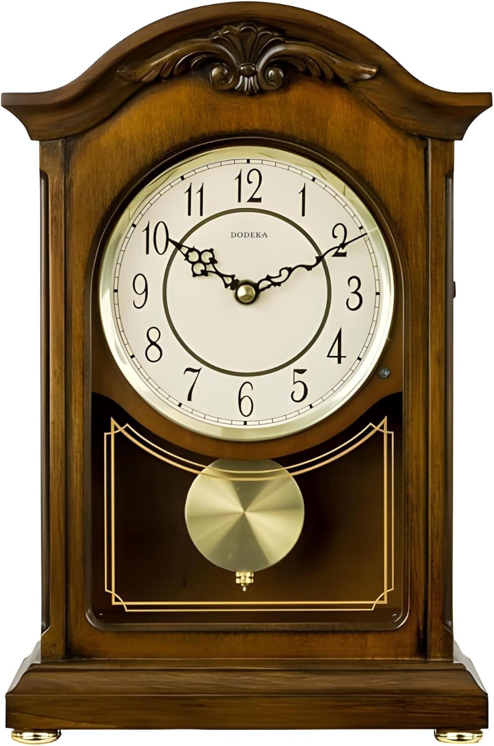 DODEKA Wooden Mantel Clock TCW004DB Pendulum Carved Case Hourly Chime Classic Melody Antique Style for Fireplace, Table, Bedroom, Living Room