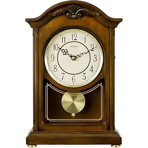 DODEKA Wooden Mantel Clock TCW004DB Pendulum Carved Case Hourly Chime Classic Melody Antique Style for Fireplace, Table, Bedroom, Living Room