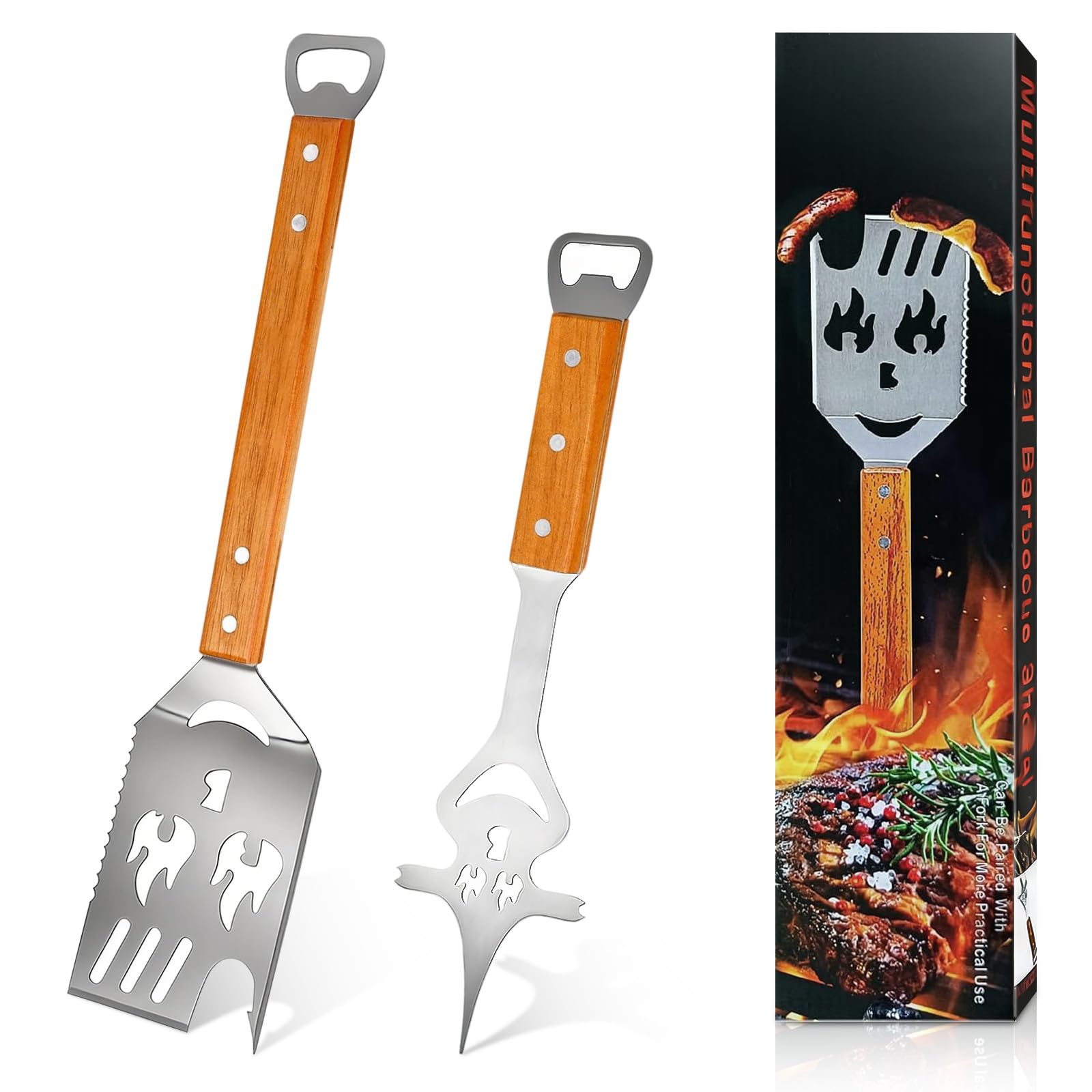 2 Pièces Spatule Barbecue, Spatule Barbecue 8 en 1 en Acier Inoxydable avec Manche en Bois pour Picnics et Outdoor
