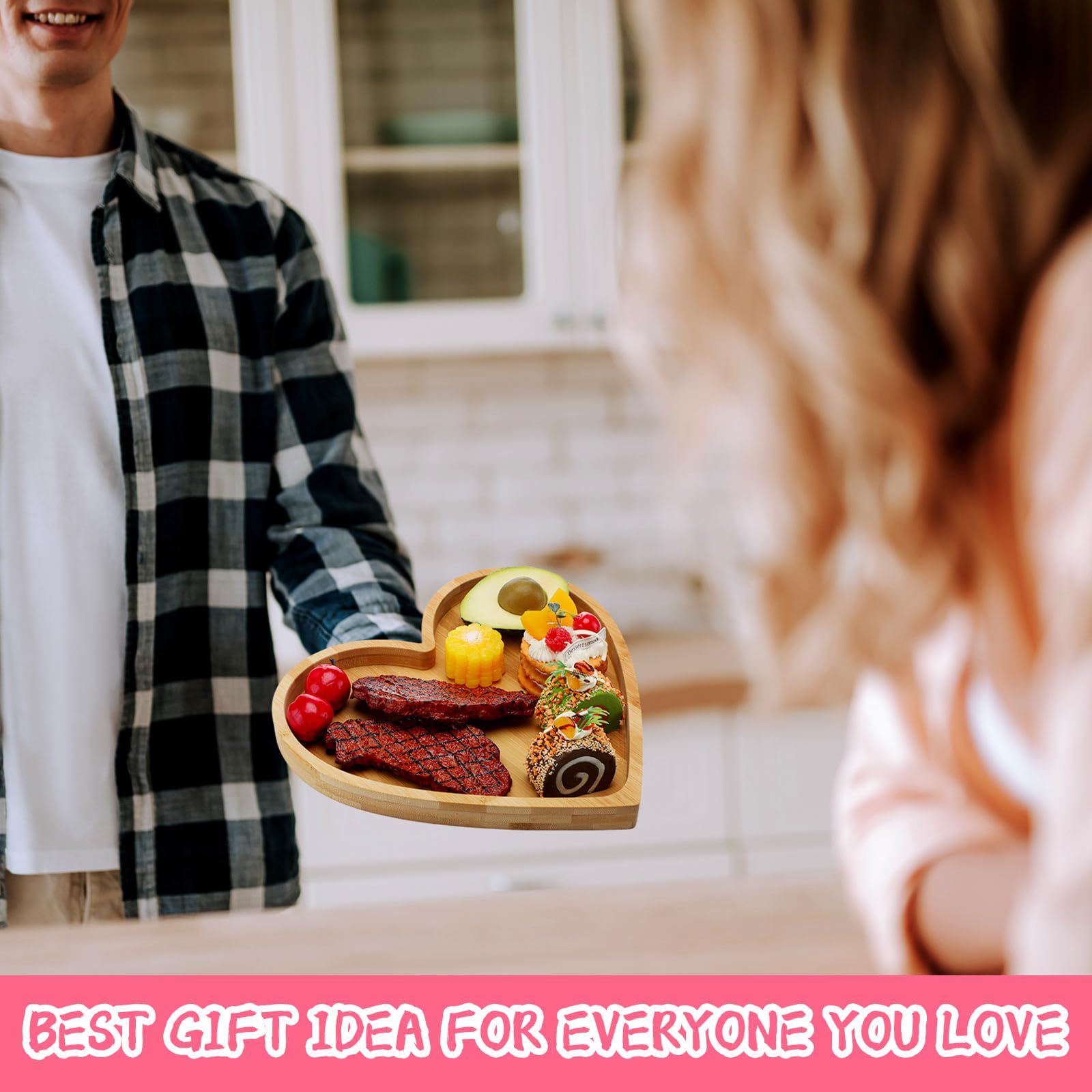 Teling Lot de 2 plateaux de service en bambou avec 5 rainures, planche à charcuterie, à bonbons, cadeaux pour le printemps, les vacances, les fêtes d'anniversaire, 25,4 à 27,9 cm (cœur)