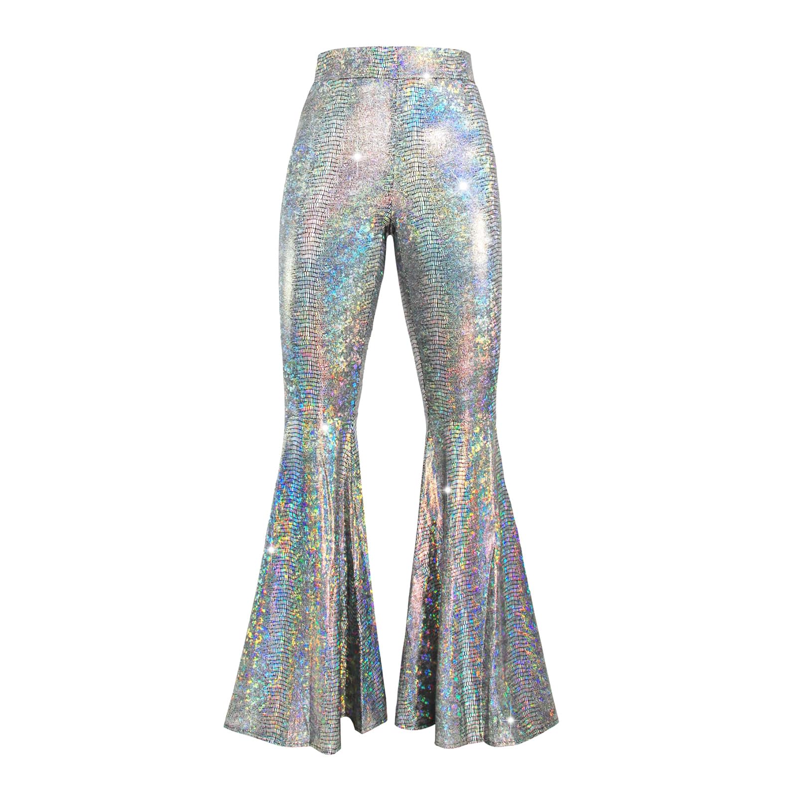 KMGDM Womens Sequins Flared Pants Sparkly High Waist Leg Bells Bottom Glitters Trousers Night Out Clubwear Silver