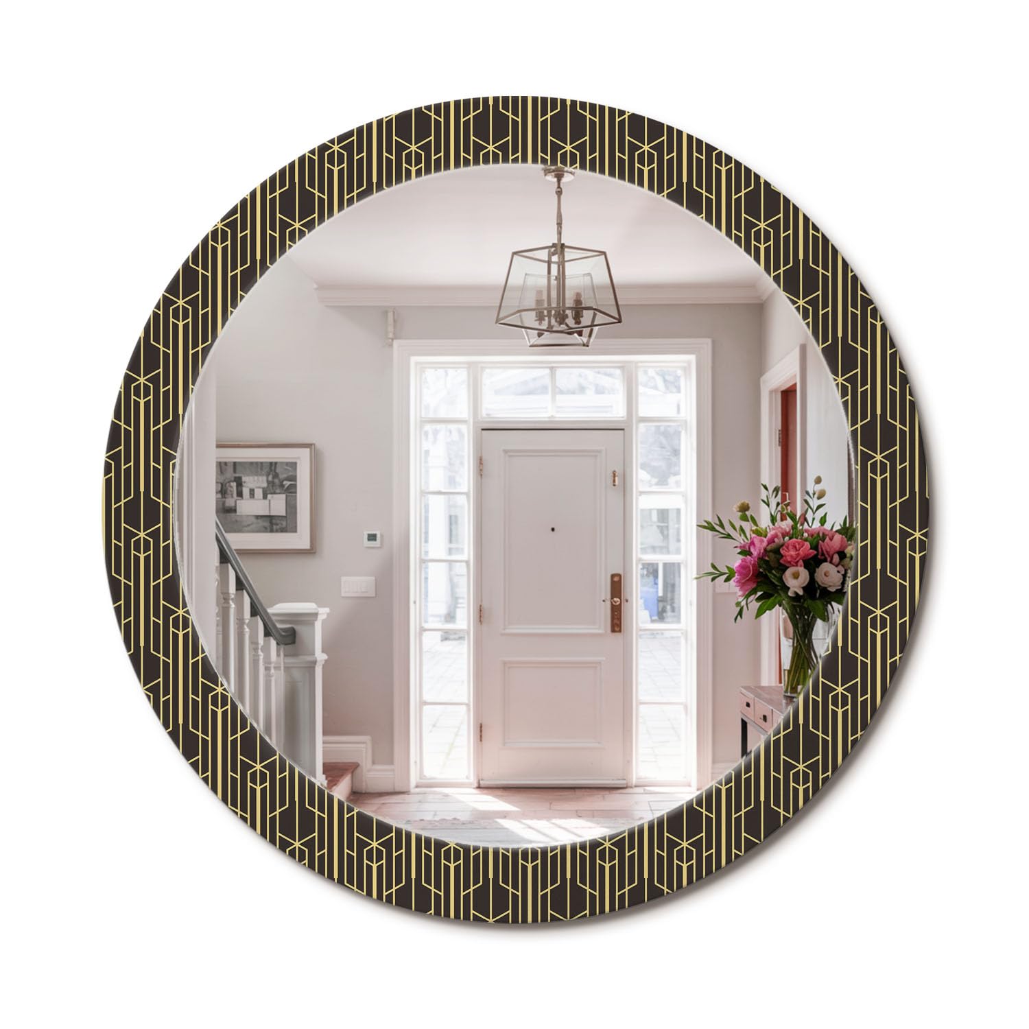 Miroir mural rond avec cadre en verre imprimé géométrie vintage