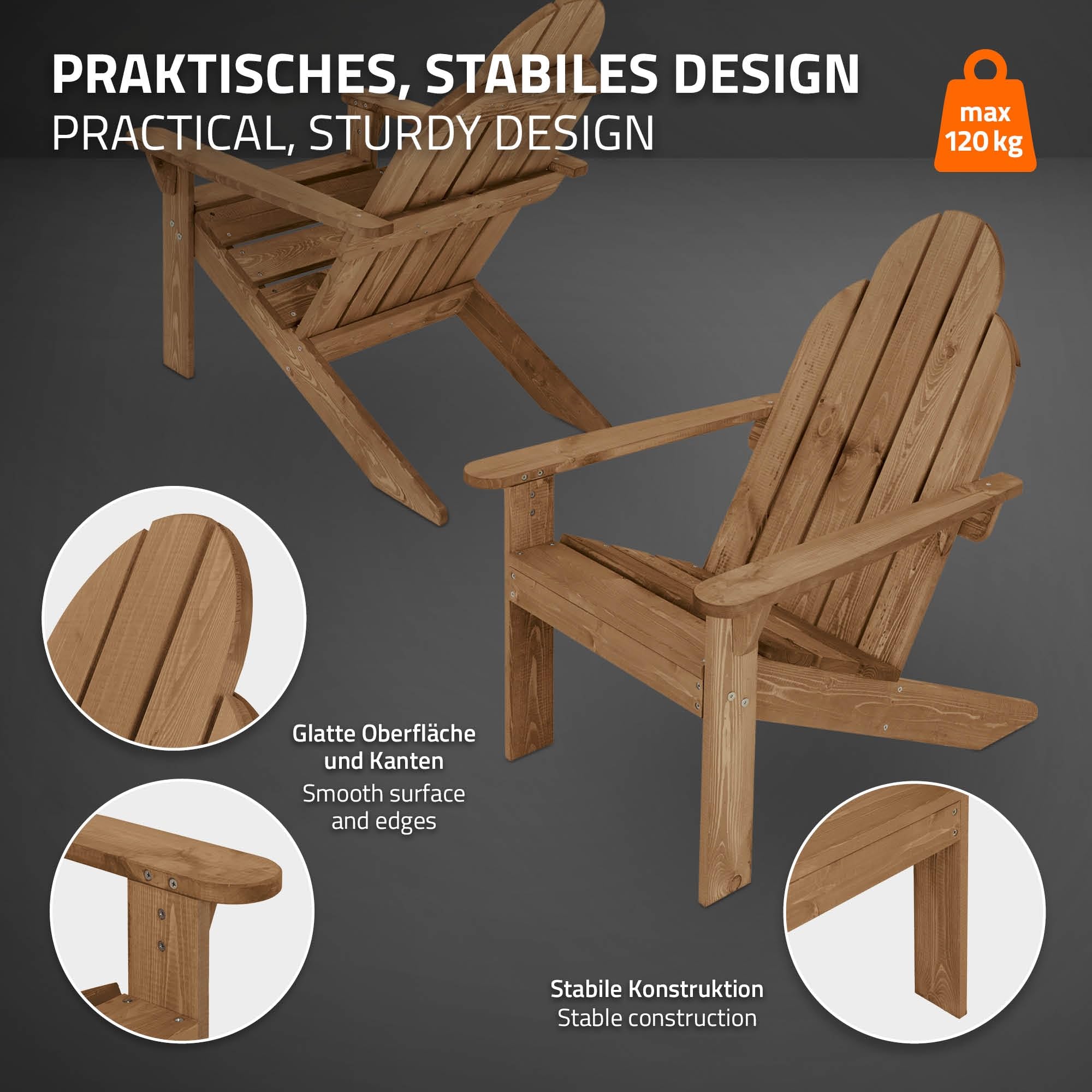 ECD Germany Sedia Adirondack in Legno Massiccio di Abete 92,5 x 70 x 89 cm Marrone Poltroncina da Giardino con Schienale e Braccioli Seduta Ergonomica Resistente alle Intemperie Costruzione Robusta
