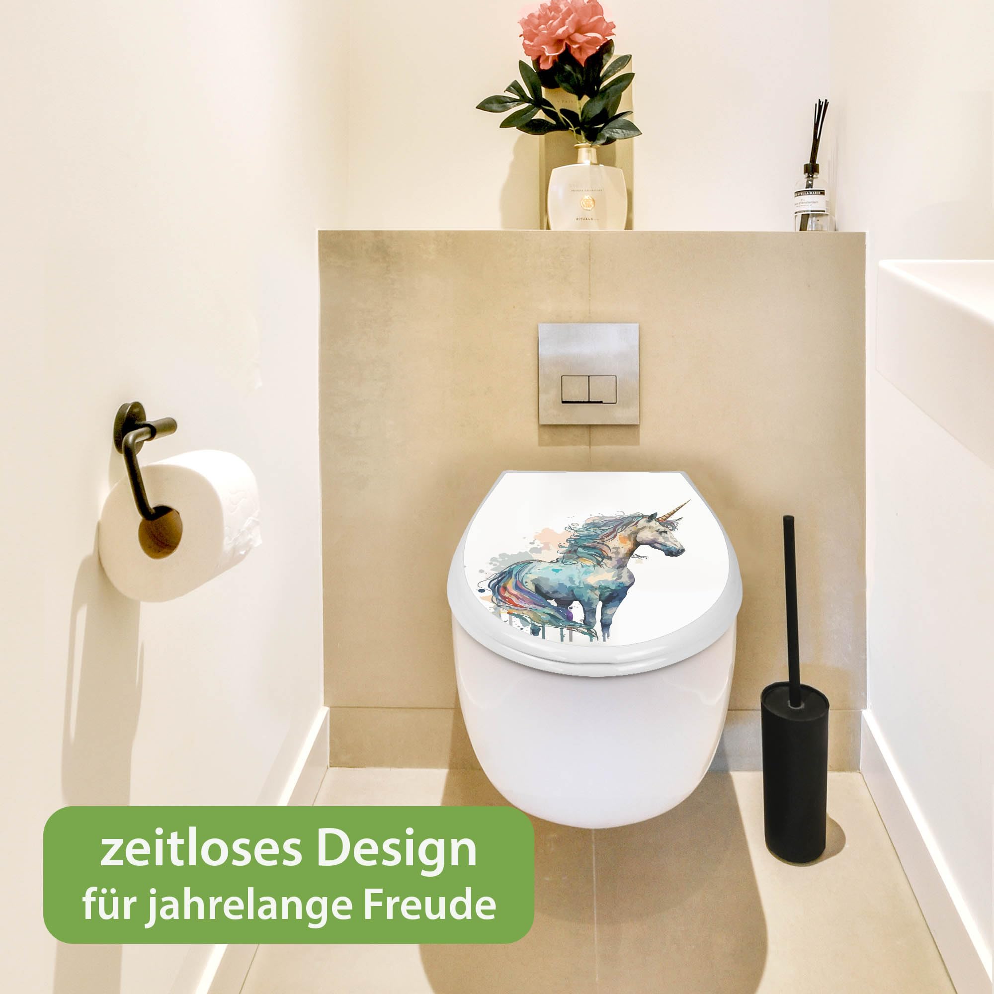 banjado Familien WC Sitz mit Absenkautomatik 44,9x37,1cm - Klobrille mit Kindersitz aus hochwertigem Polypropylen - Toilettendeckel mit Kinder Toilettensitz integriert - Motiv Magisches Einhorn