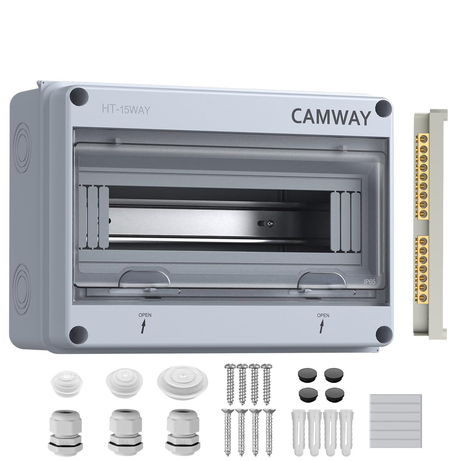CAMWAY Sicherungskasten Aufputz, Kleinverteiler 1-Reihig 15 Module Verteilerkasten IP65 Waterproof, Feuchtraum Aufputzverteiler mit 9+7 Messingklemmen, Sicherungskasten für Garten oder Außenbereichen