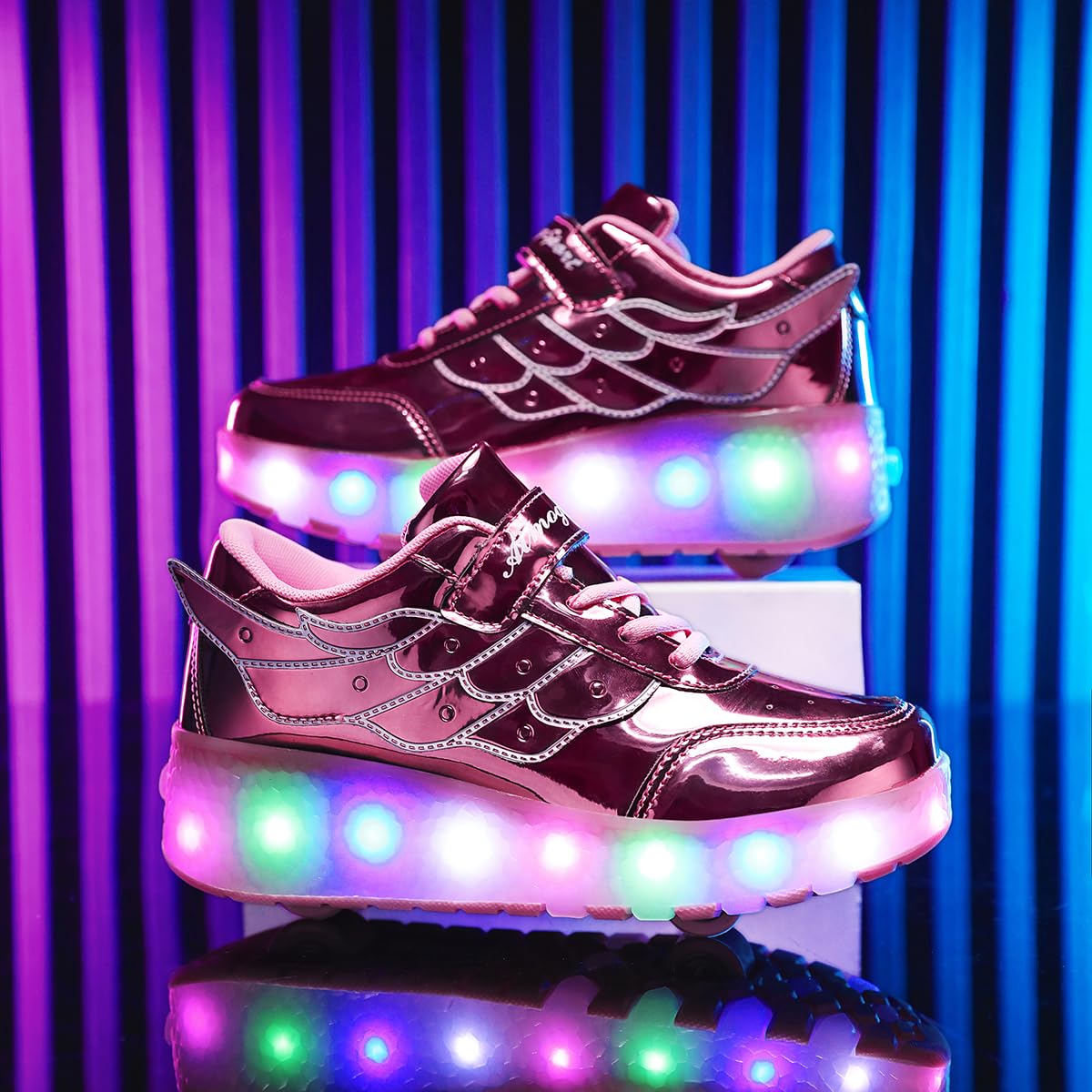 Unisex Kids Boys Girls LED Trainer,LED Light-UP Roller Skates Shoes,7 Colors Light,USB Rechargeable,Double Wheels, Retractable/Lightweight Outdoor Sports Cross Shoes Gymnastic Running Sneakers