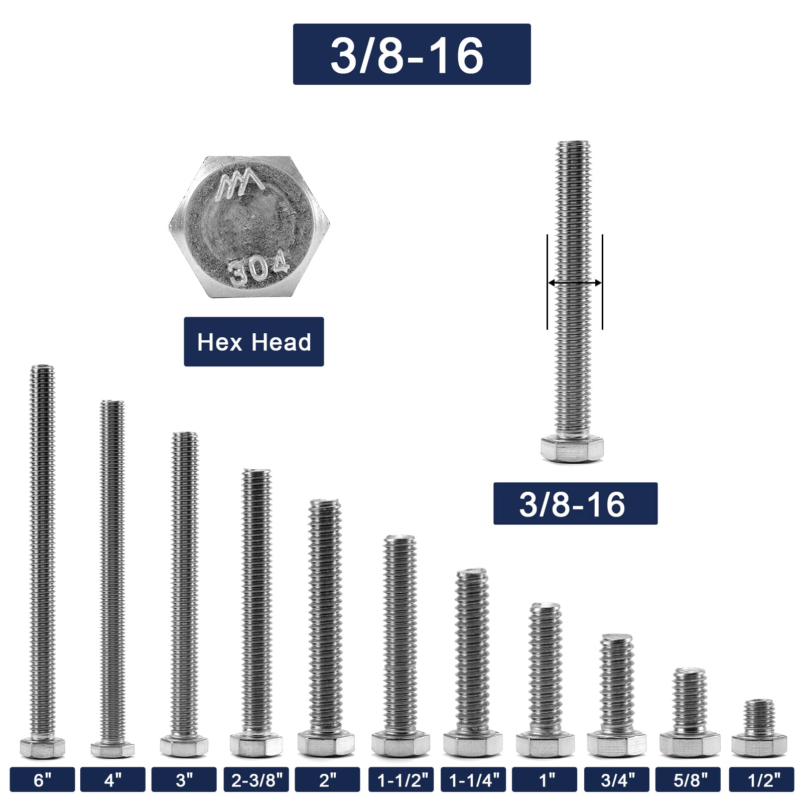 Produktbild von 3/8-16 X 2-1/2 Zoll Sechskant-Schrauben Aus Edelstahl, Vollgewinde, 25 Stück