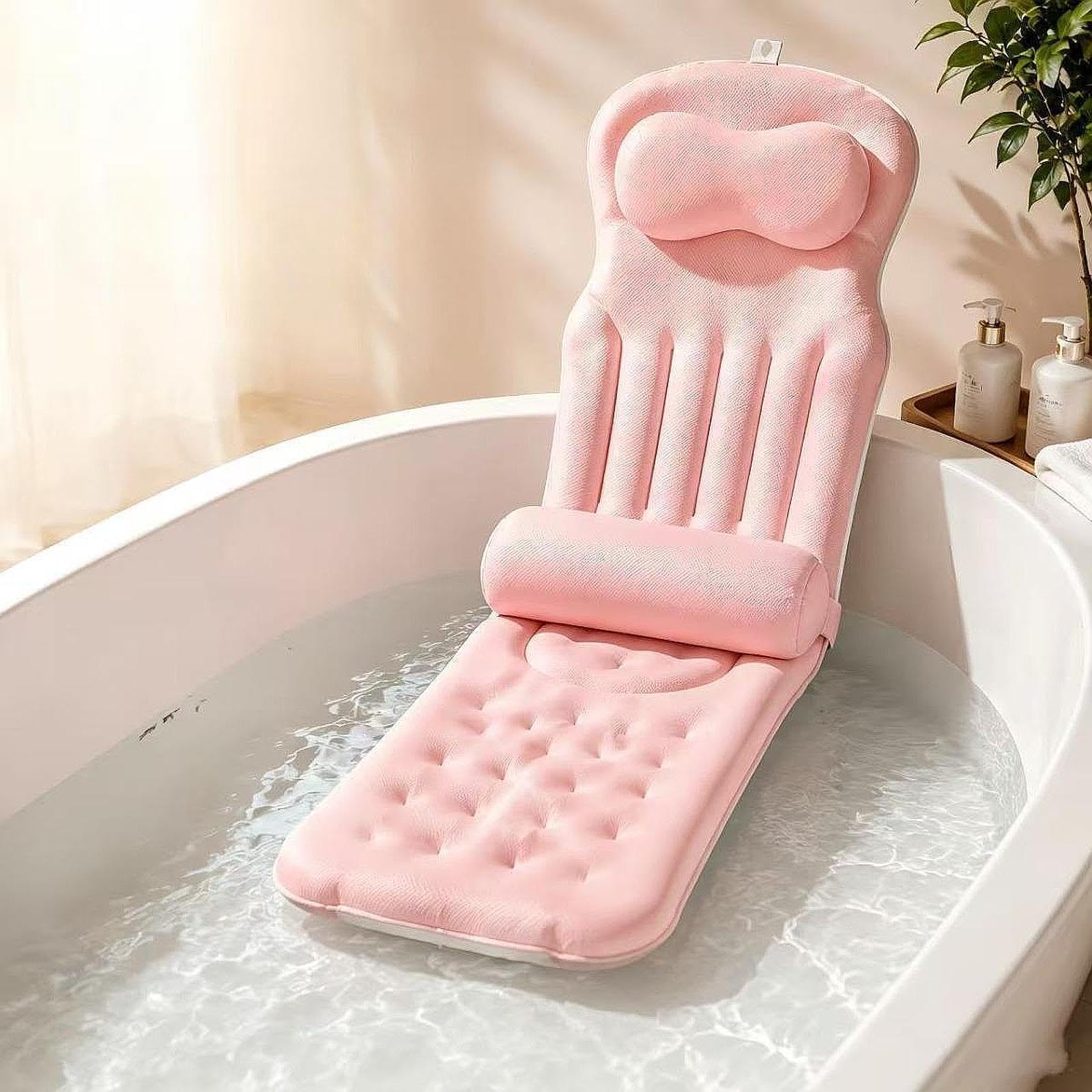 Almohada Baño Cuerpo Completo Almohadilla Bañera Cojín SPA con Ventosas Material Mesh Diseño Ergonómico Suave Antideslizante Adecuada para Ad, Rosa, Individual