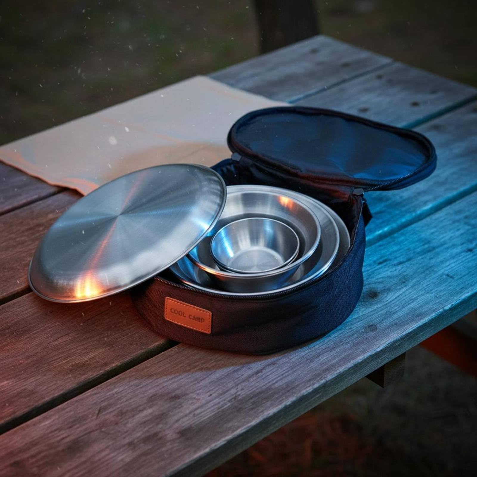 12 Pieces Vaisselle Camping en Acier Inoxydable Rond Ensemble Repas Randonnée Portable Set Couverts Plein Air