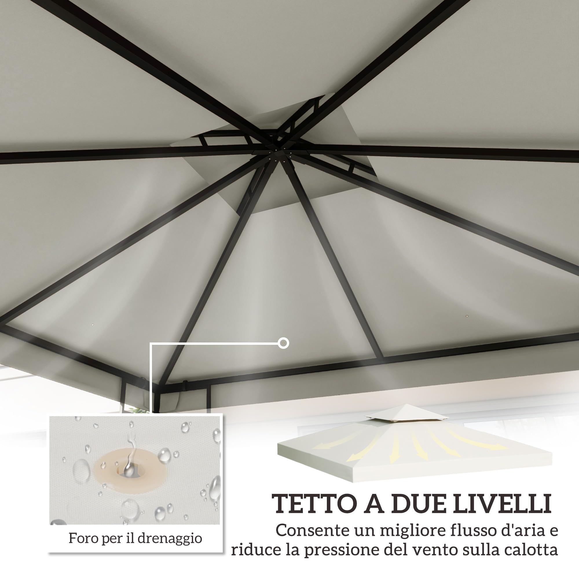 Outsunny Telo Gazebo 3x3 m a 2 Livelli in Poliestere Resistente, Copertura Gazebo 3x3 con 8 Fori di Drenaggio e Cinghie in chiusura a strappo, Crema
