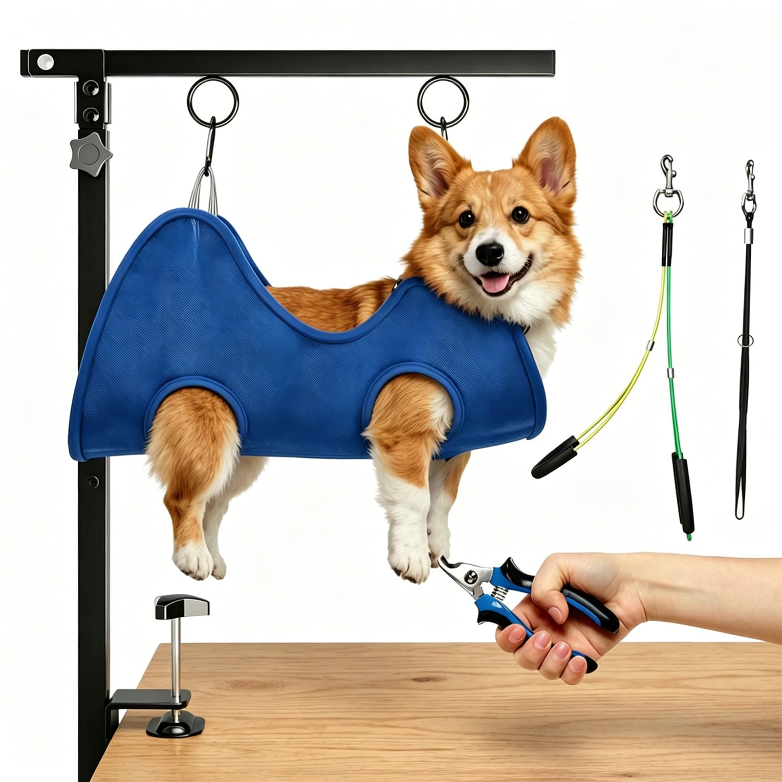 W&H Brazo plegable para aseo de perros con abrazadera de mesa, altura ajustable | 66 – 102 cm, accesorio de peluquería para perros con hamaca y correa antiasiento, para aseo, baño y tijeras
