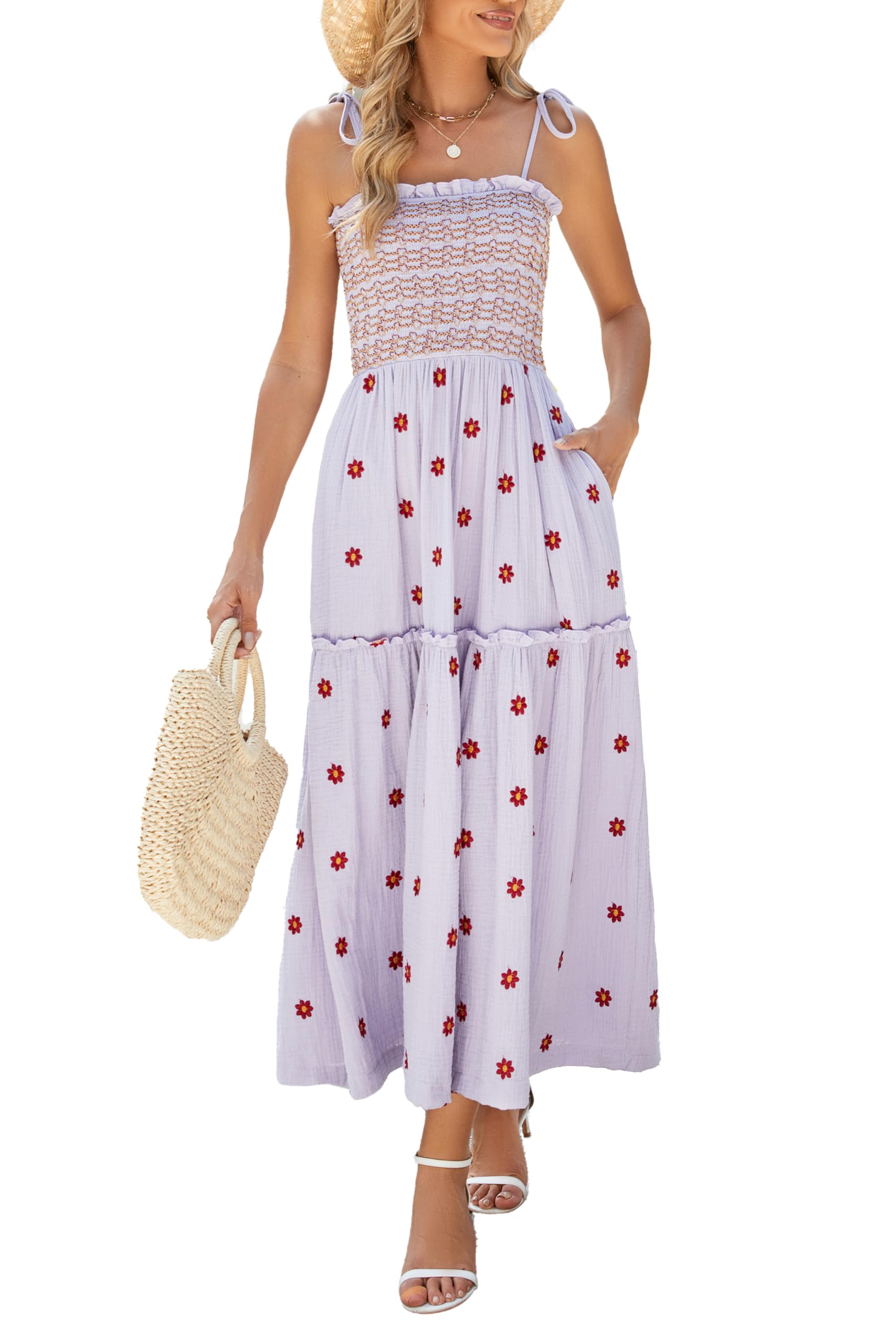 ABYOVRT Women Floral Embroidered Maxi Dress Sleeveless Tie Shoulder Smocked Flowy Dress Boho Summer Sundresses with Pockets