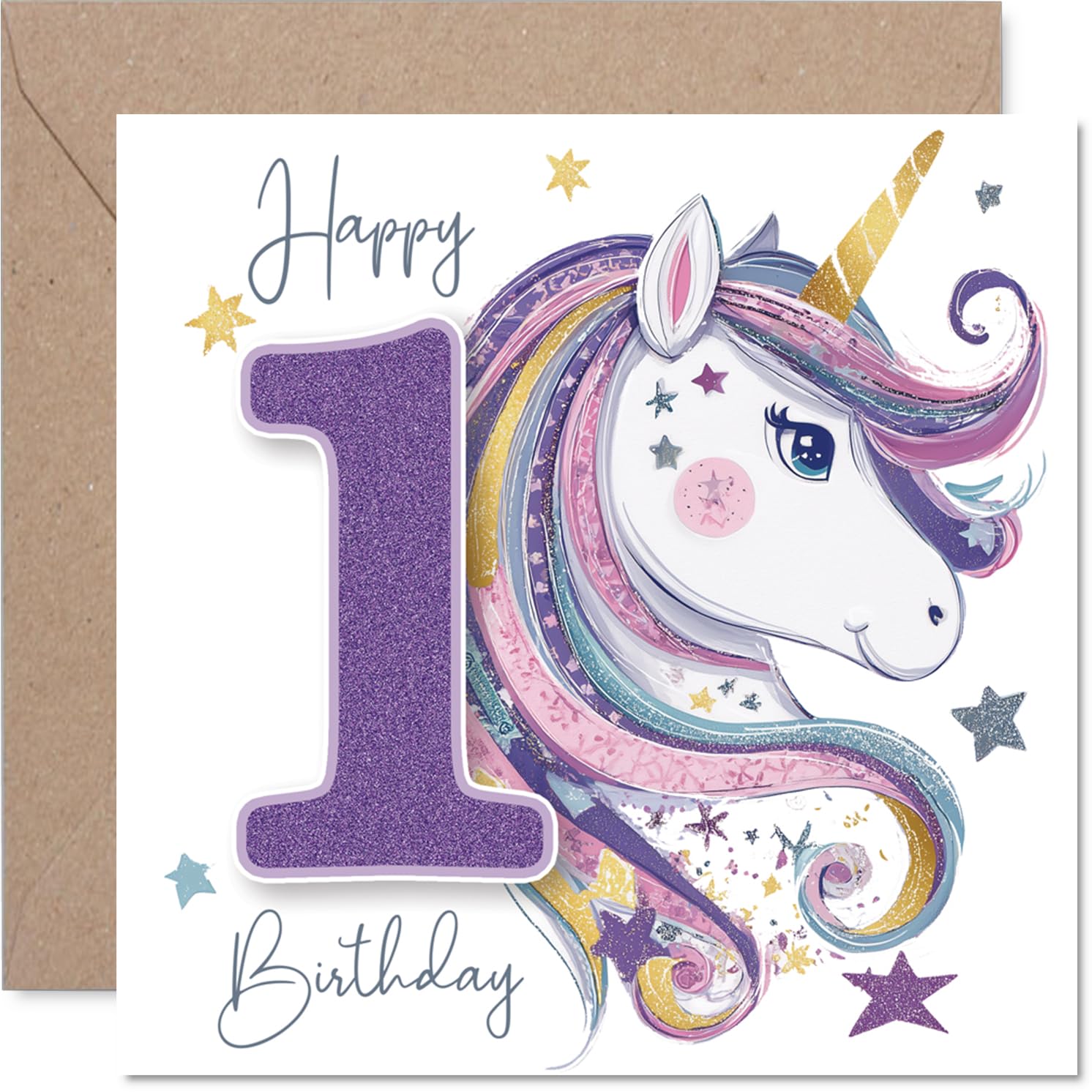 Cute 1st Birthday Card - Sparkle and Smiles - Magical Unicorn with Glittery Gold Number 1 and Stars - Bursting with Birthday Joy - 145mm Square, Envelope Included