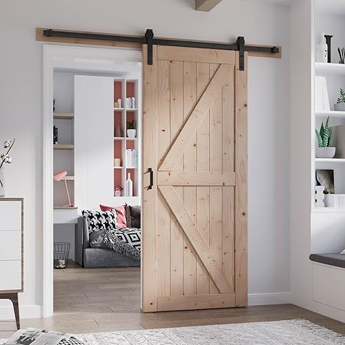 FREDBECK Puerta de granero de madera de 36 x 84 pulgadas con kit de herrajes para puerta de granero de 6.6 pies, incluye panel de abeto natural FREDBECK Puerta de granero de madera de 36 x 84 pulgadas con kit de herrajes para puerta de granero de 6.6 pies, incluye panel de abeto natural
