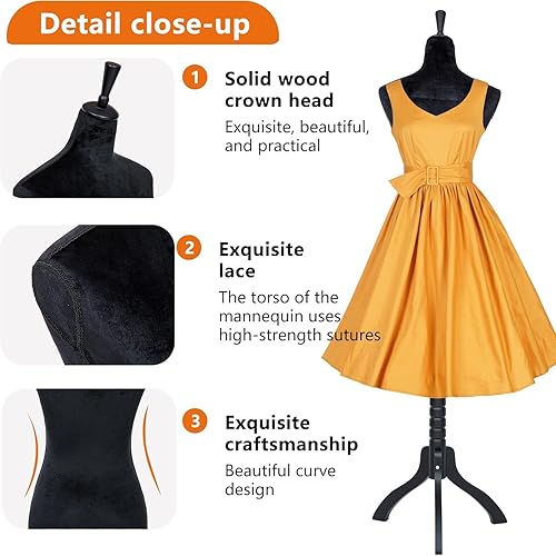 Miniatura 32 de Forma de vestido de maniquí, modelo de vestido femenino, cuerpo de maniquí con pantalla de torso, 53-67 pulgadas, soporte de trípode ajustable
