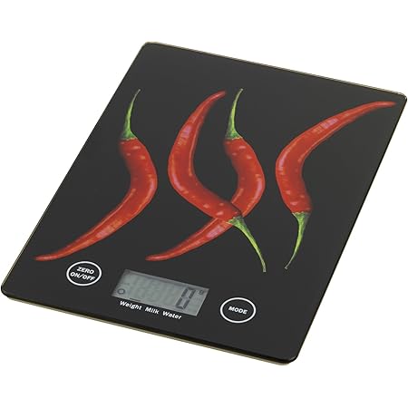 WENKO Küchenwaage Slim Peperoni - elektronische Digitalwaage mit Sensor-Tastatur und Tara-Funktion, Gehärtetes Glas, 14 x 1.2 x 19.5 cm, Mehrfarbig
